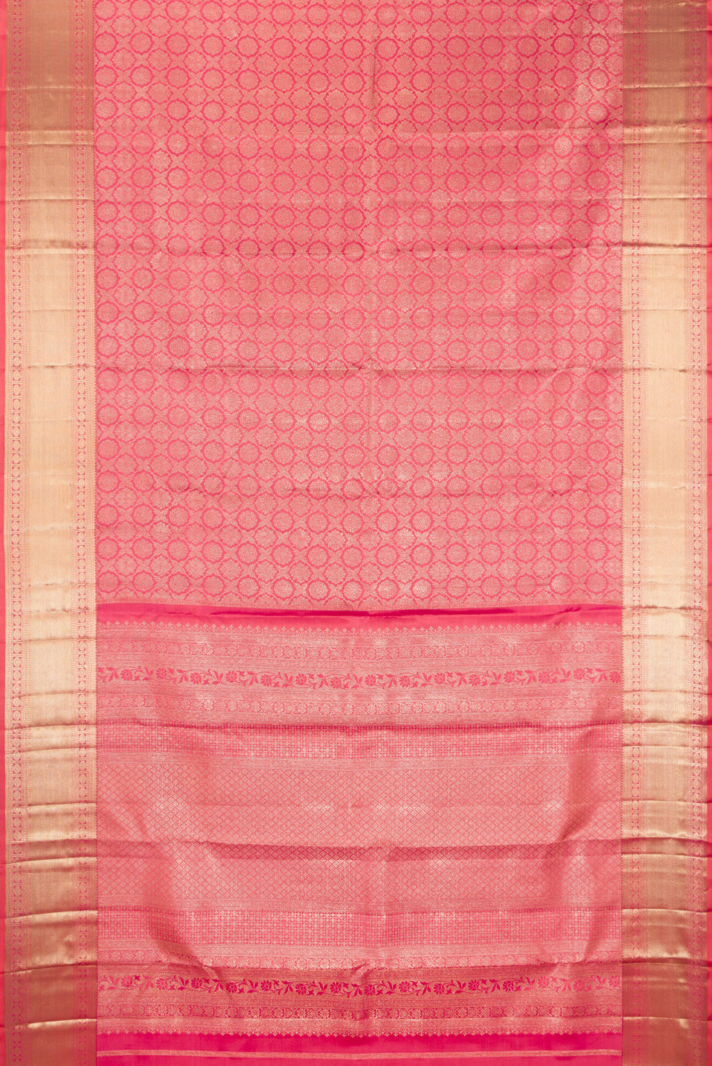 Flat view of Pure Silk Coral Dual Tone Kanjivaram Saree with Zari Brocade on the body and Zari Border. 