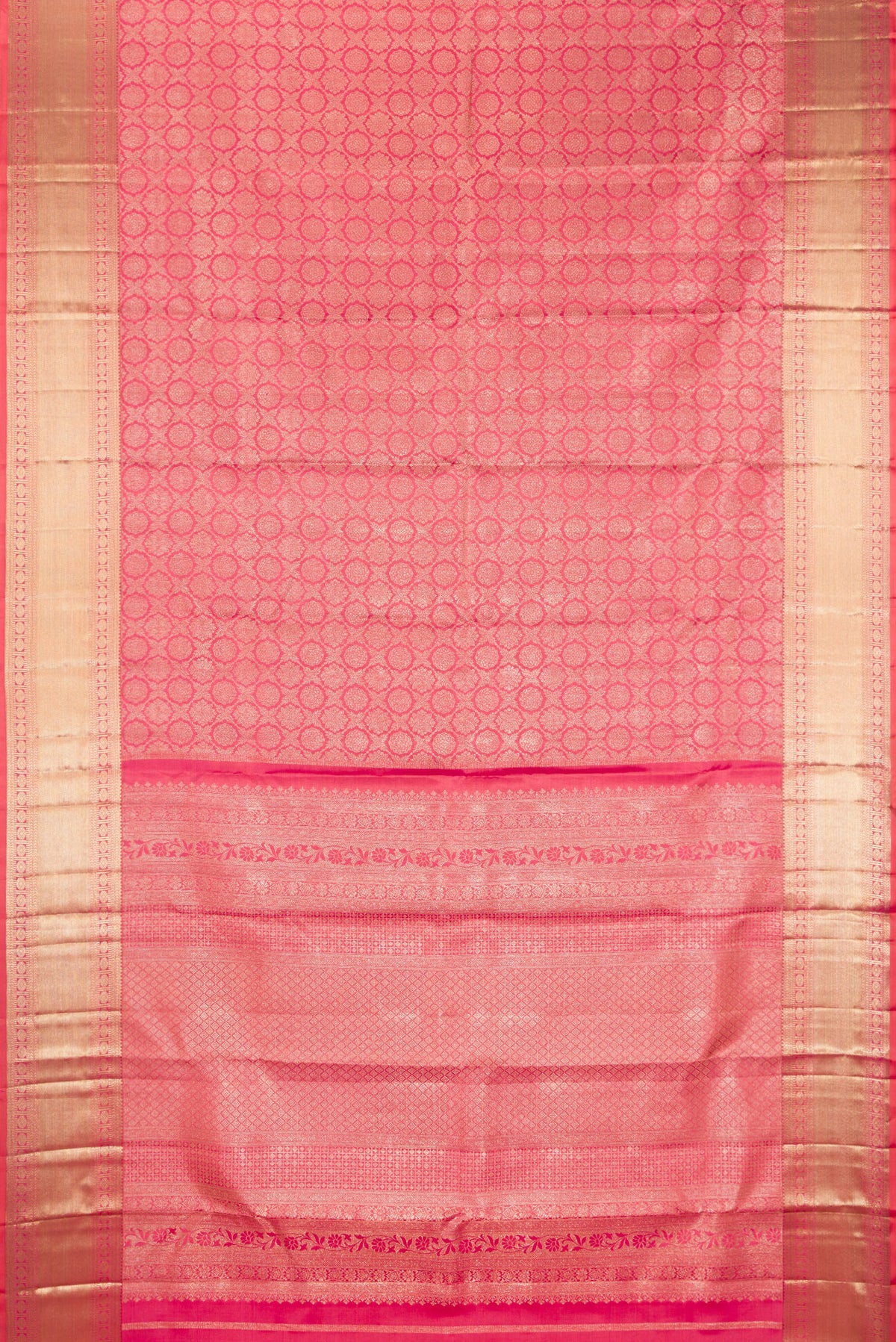 Flat view of Pure Silk Coral Dual Tone Kanjivaram Saree with Zari Brocade on the body and Zari Border. 