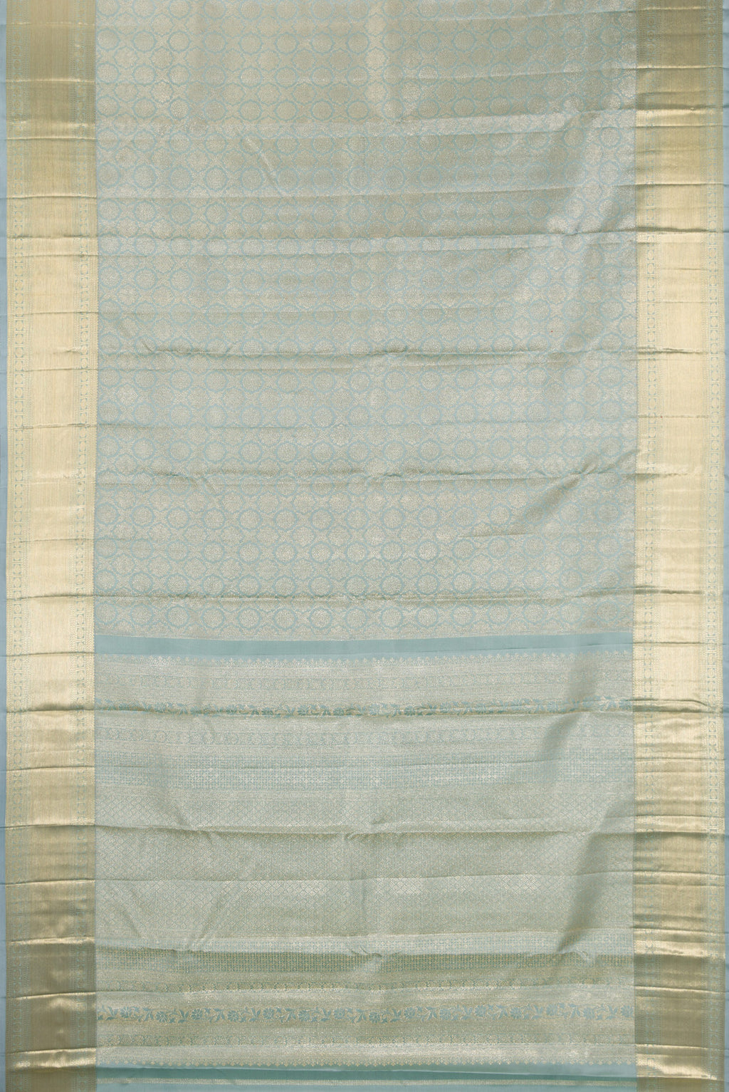 Flat view of Pure Silk Grey Kanjivaram Saree with Zari Brocade on the body and Zari Border. 