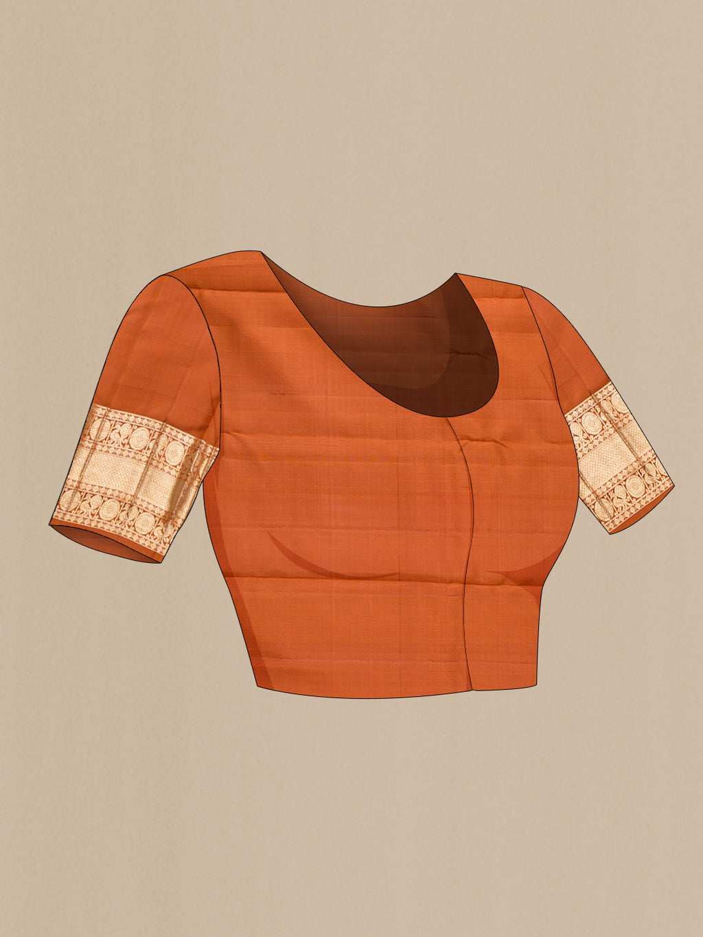 Close up image of the blouse of Pure Silk Orange Kanchipuram Saree with Zari Brocade on the body and Fancy Border. 