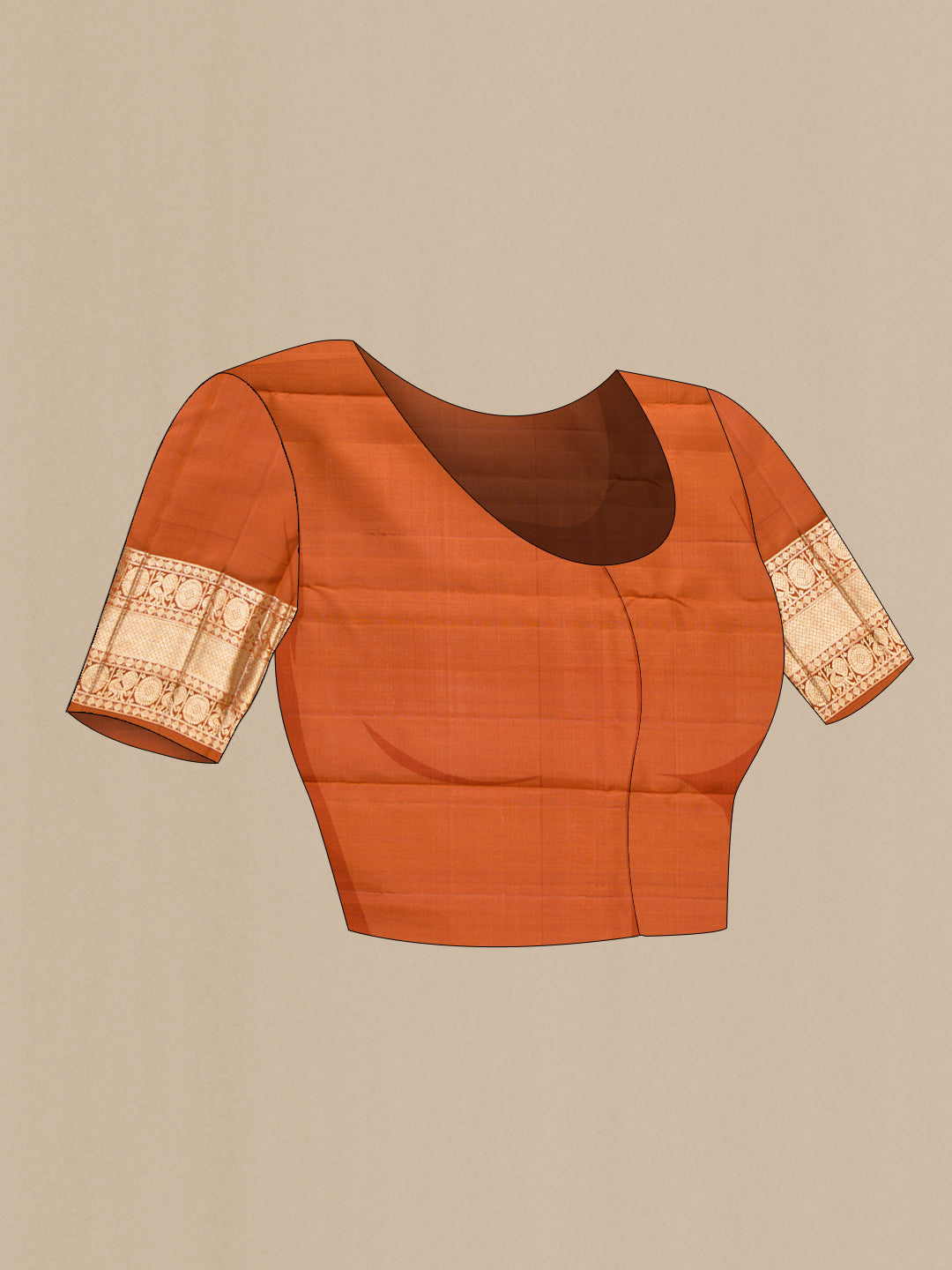 Close up image of the blouse of Pure Silk Orange Kanchipuram Saree with Zari Brocade on the body and Fancy Border. 
