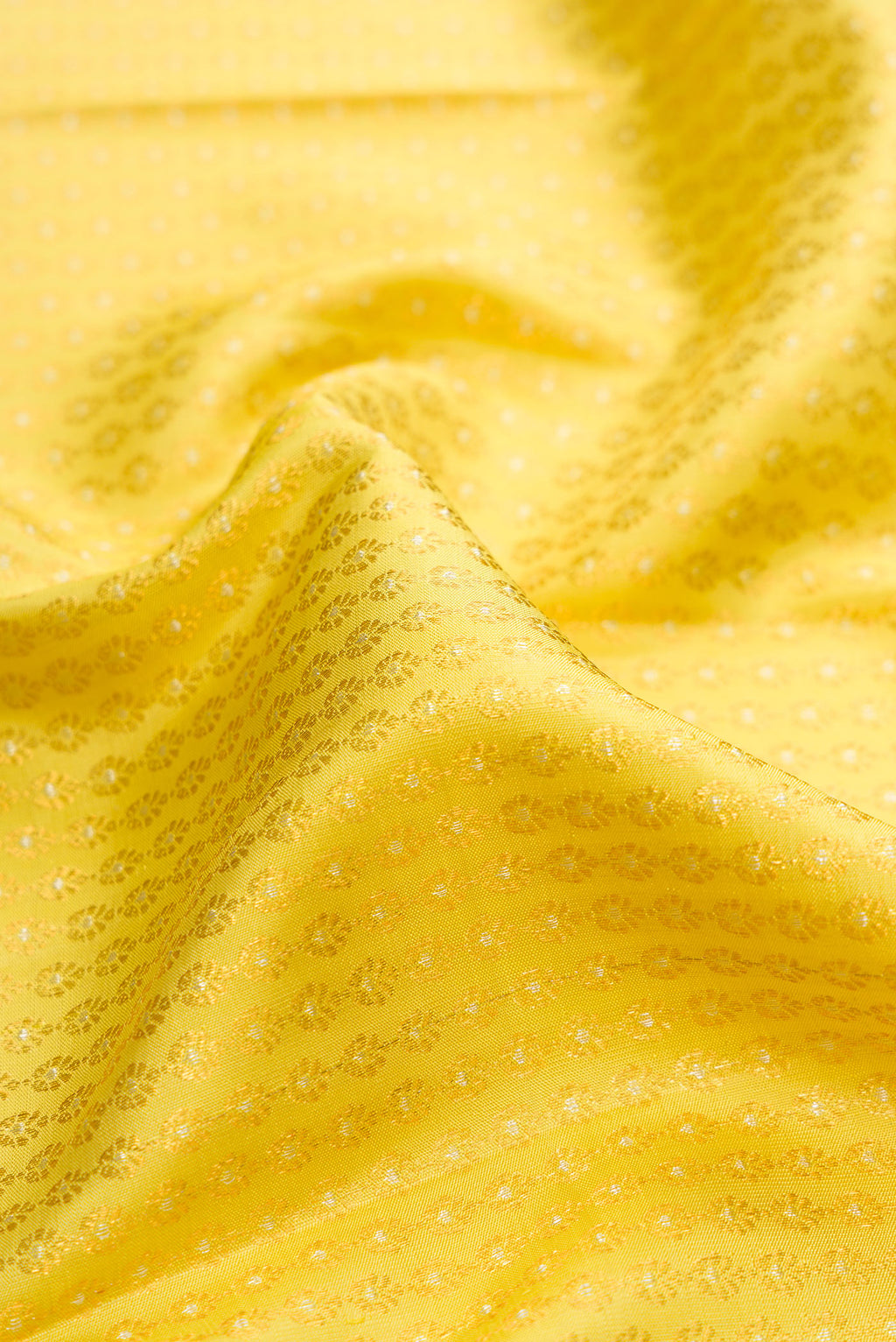 Close up of Pure Silk Yellow Dual Tone Kanchipuram Saree with Zari Brocade on the body and Zari Border.  displaying folds