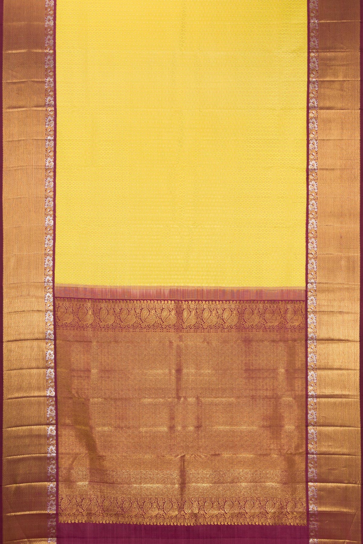 Flat view of Pure Silk Yellow Dual Tone Kanchipuram Saree with Zari Brocade on the body and Zari Border. 