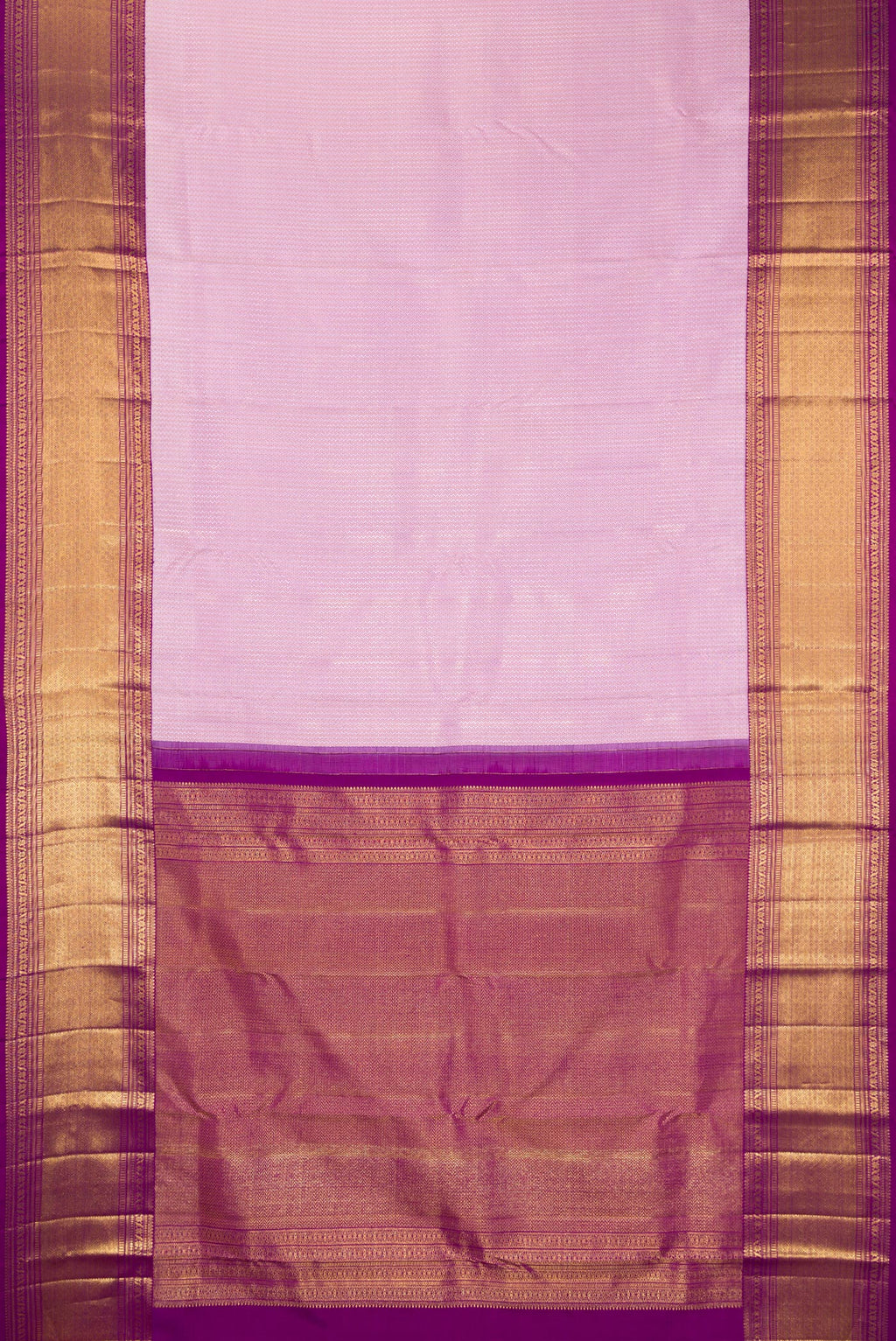 Flat view of Pure Silk Lavender Dual Tone Kanchipuram Saree with Zari Brocade on the body and Zari Border. 