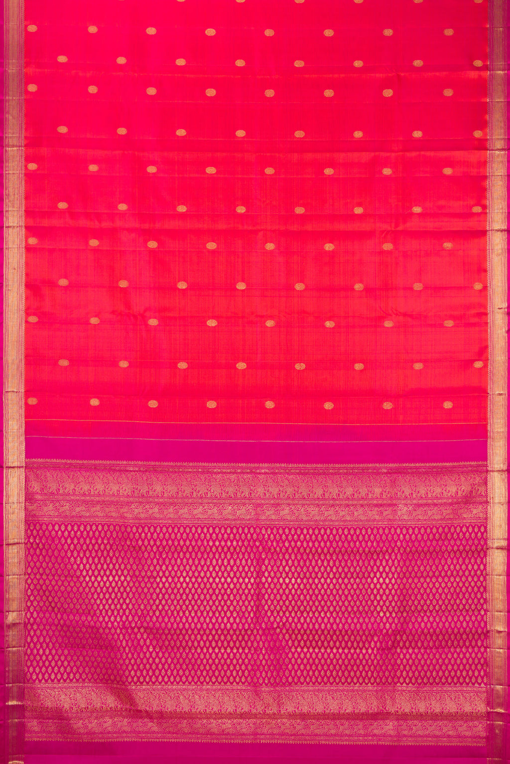 Flat view of Pure Silk Coral Dual Tone Kanjivaram Saree with Zari Butta on the body and Zari Border. 