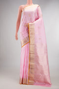 Pure Silk Rose pink Kanjivaram Saree with Zari Butta on the body and Zari Border.  displayed on a mannequin