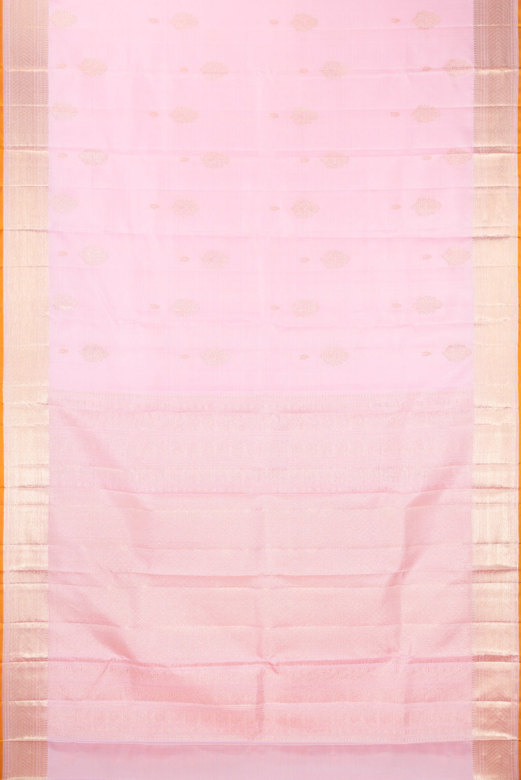 Flat view of Pure Silk Rose pink Kanjivaram Saree with Zari Butta on the body and Zari Border. 