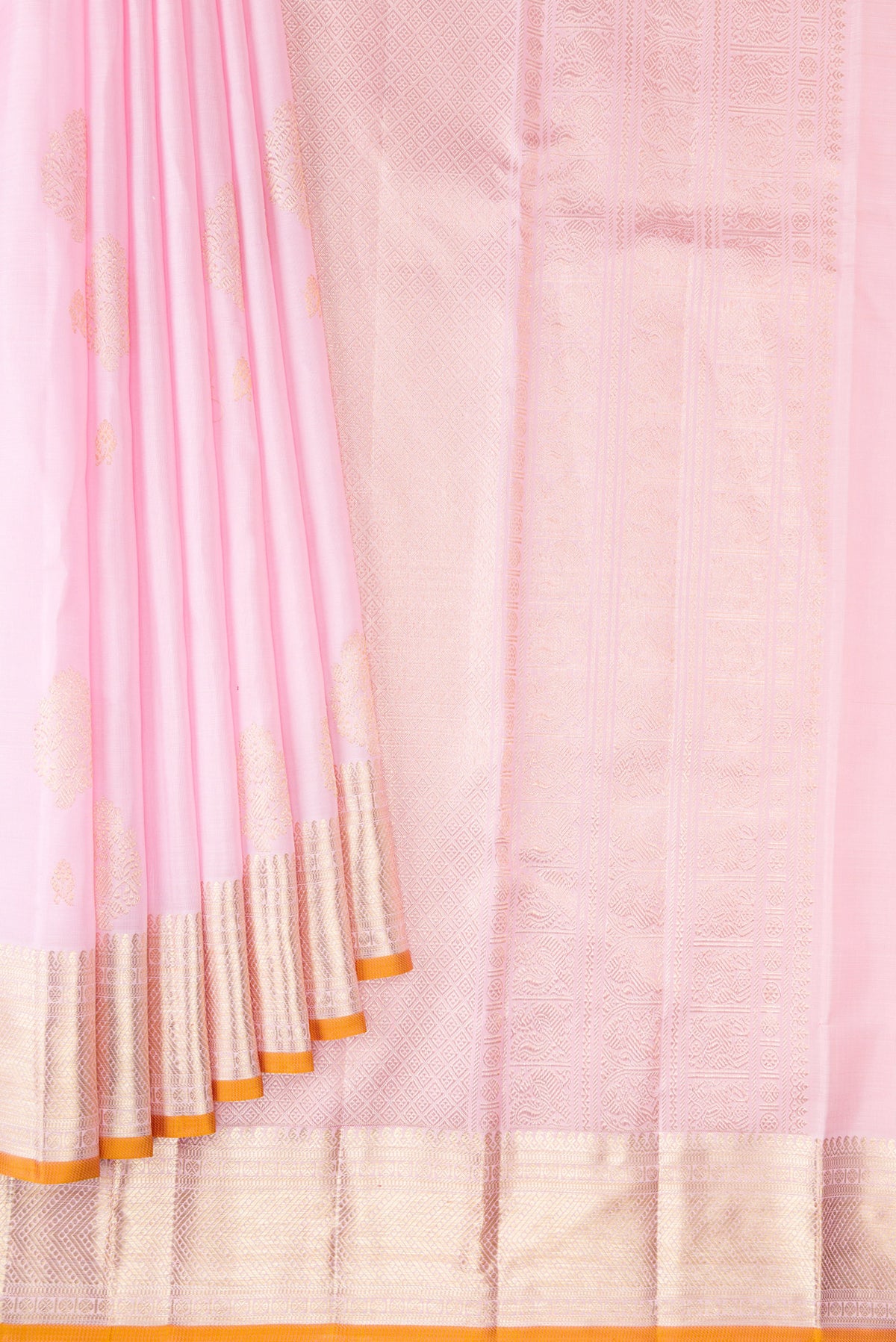 Pleats and pallu of Pure Silk Rose pink Kanjivaram Saree with Zari Butta on the body and Zari Border. 