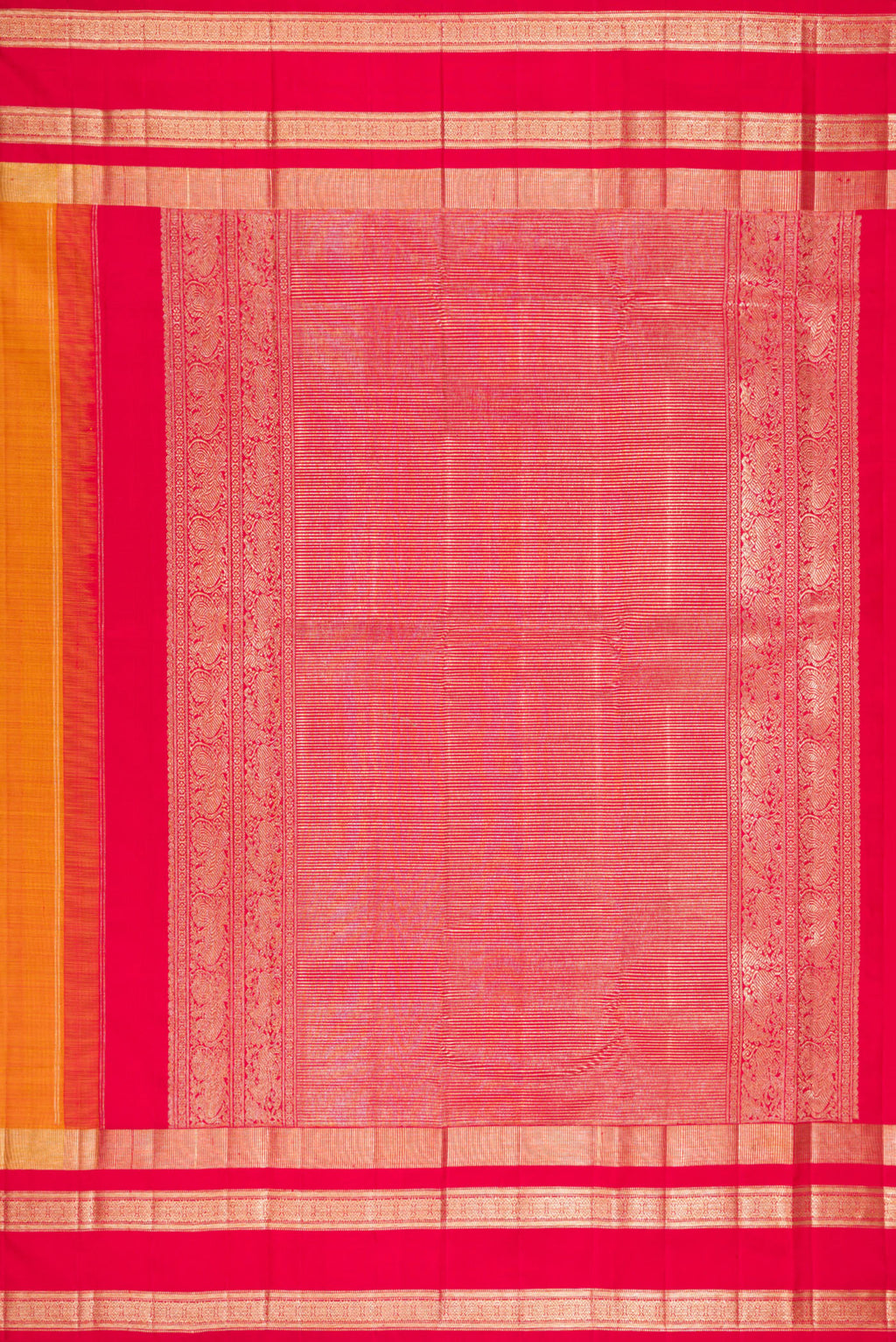 Close up image of the pallu of Pure Silk Mustard Kanjivaram Saree with Zari Butta on the body and Zari Border. 