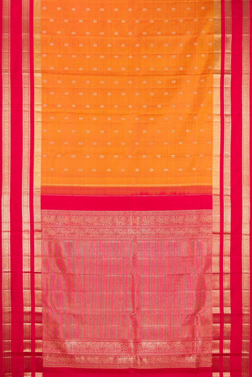 Flat view of Pure Silk Mustard Kanjivaram Saree with Zari Butta on the body and Zari Border. 