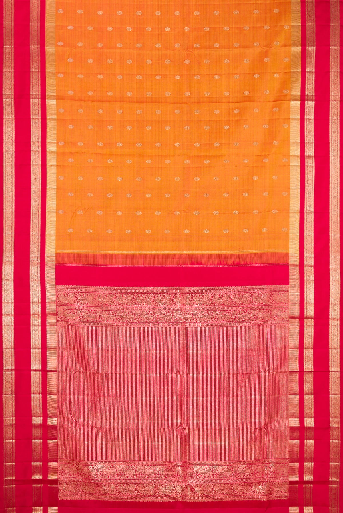 Flat view of Pure Silk Mustard Kanjivaram Saree with Zari Butta on the body and Zari Border. 