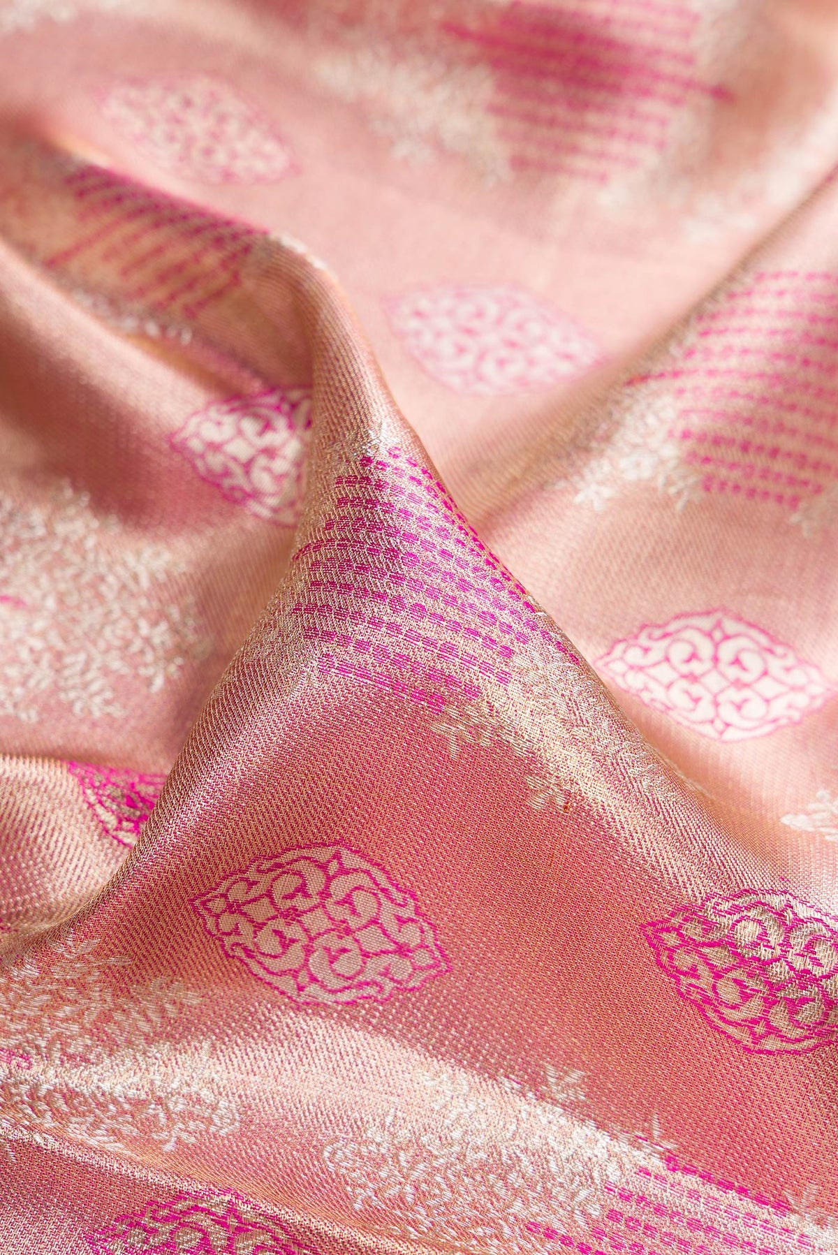 Close up of Pink Dual Tone Kanjivaram Tissue Saree with Zari Brocade on the body and Fancy Border.  displaying folds