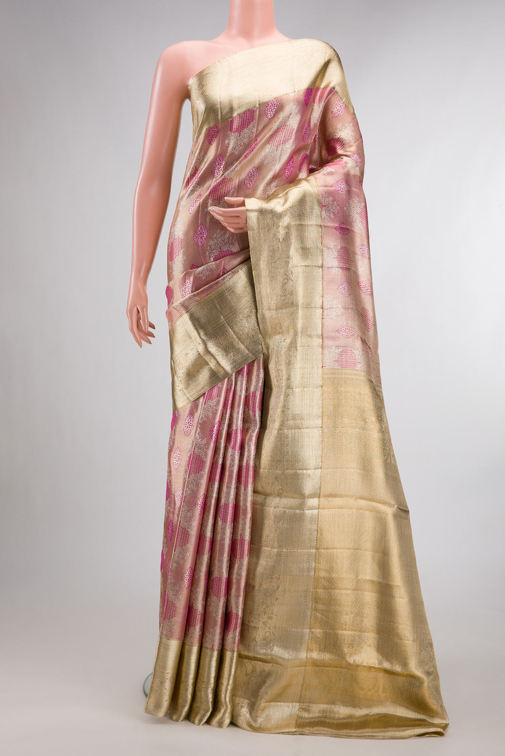 Pink Dual Tone Kanjivaram Tissue Saree with Zari Brocade on the body and Fancy Border.  displayed on a mannequin