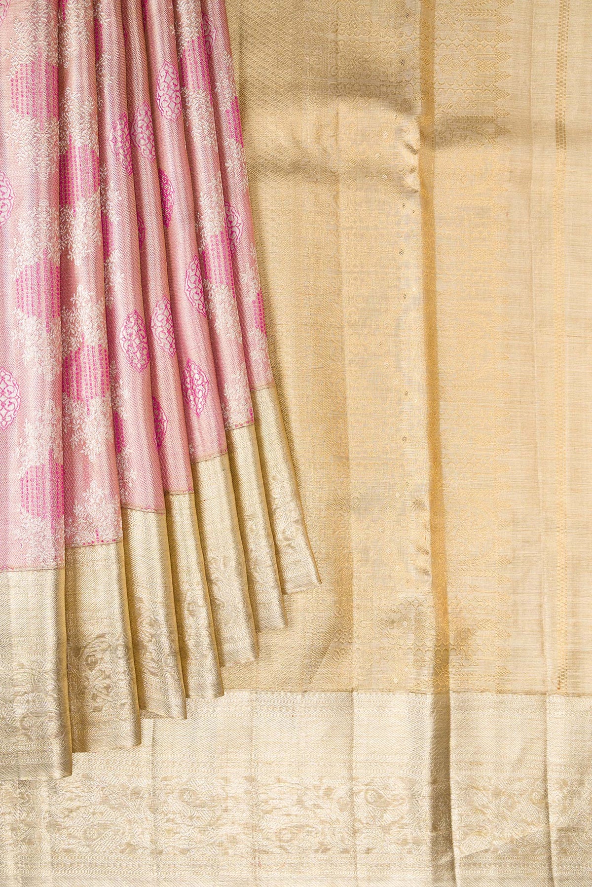 Pleats and pallu of Pink Dual Tone Kanjivaram Tissue Saree with Zari Brocade on the body and Fancy Border. 