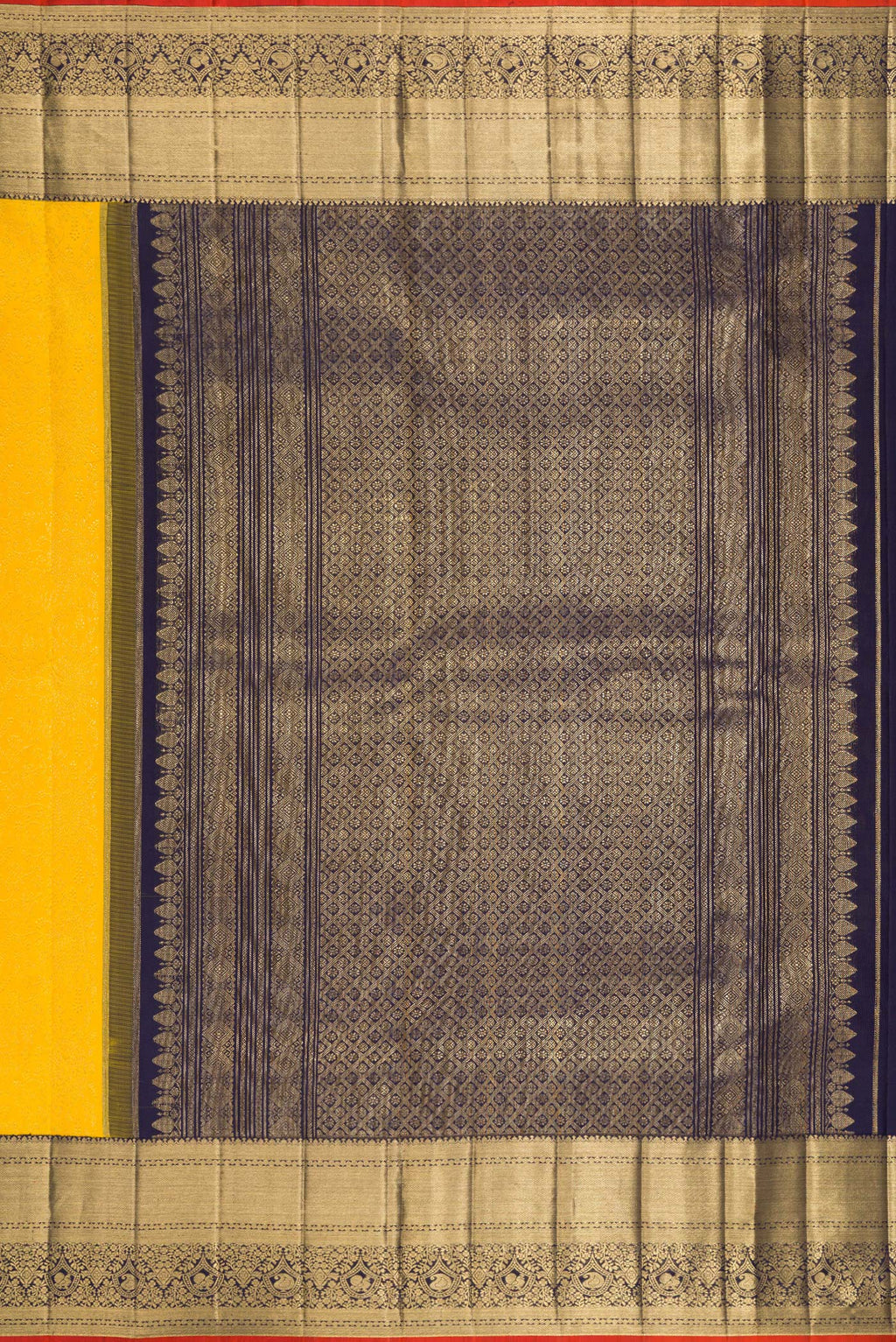 Close up image of the pallu of Pure Silk Yellow Kanchipuram Saree with Zari Brocade on the body and Zari Border. 