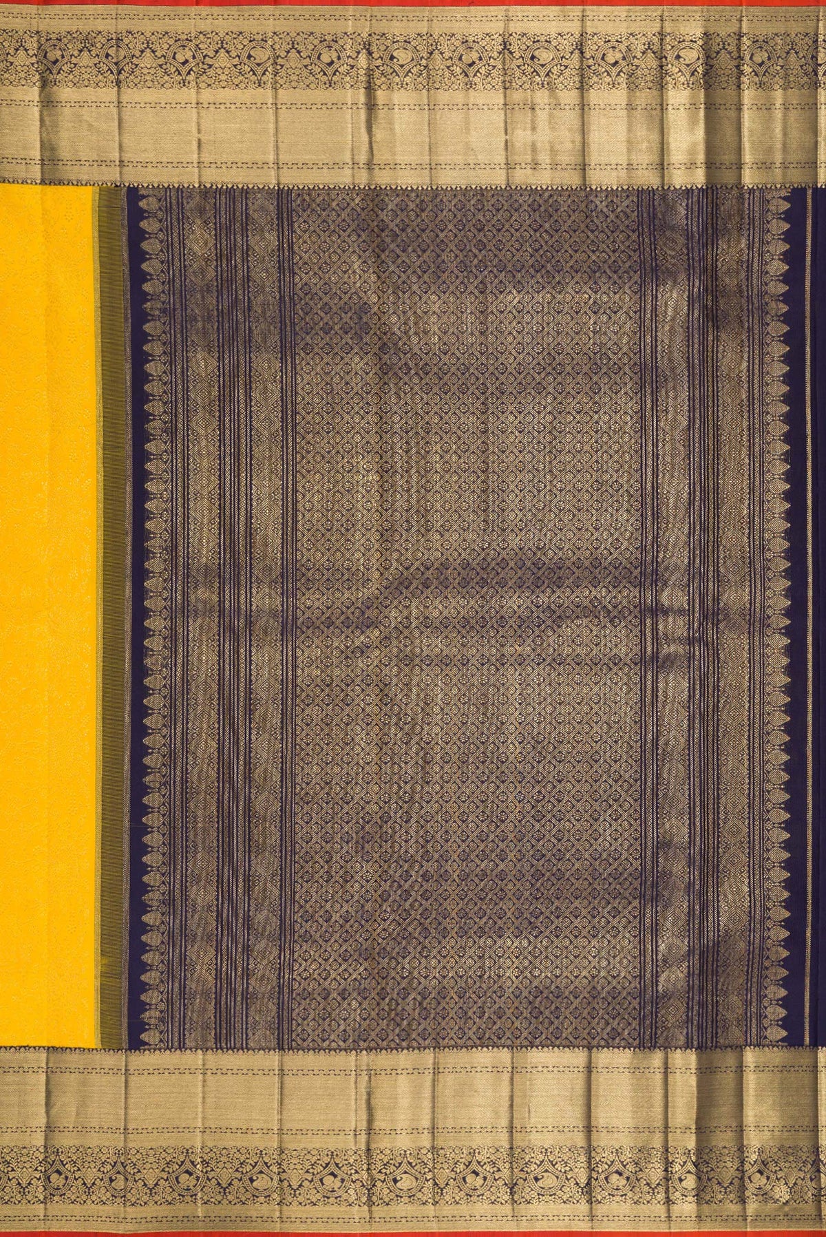 Close up image of the pallu of Pure Silk Yellow Kanchipuram Saree with Zari Brocade on the body and Zari Border. 