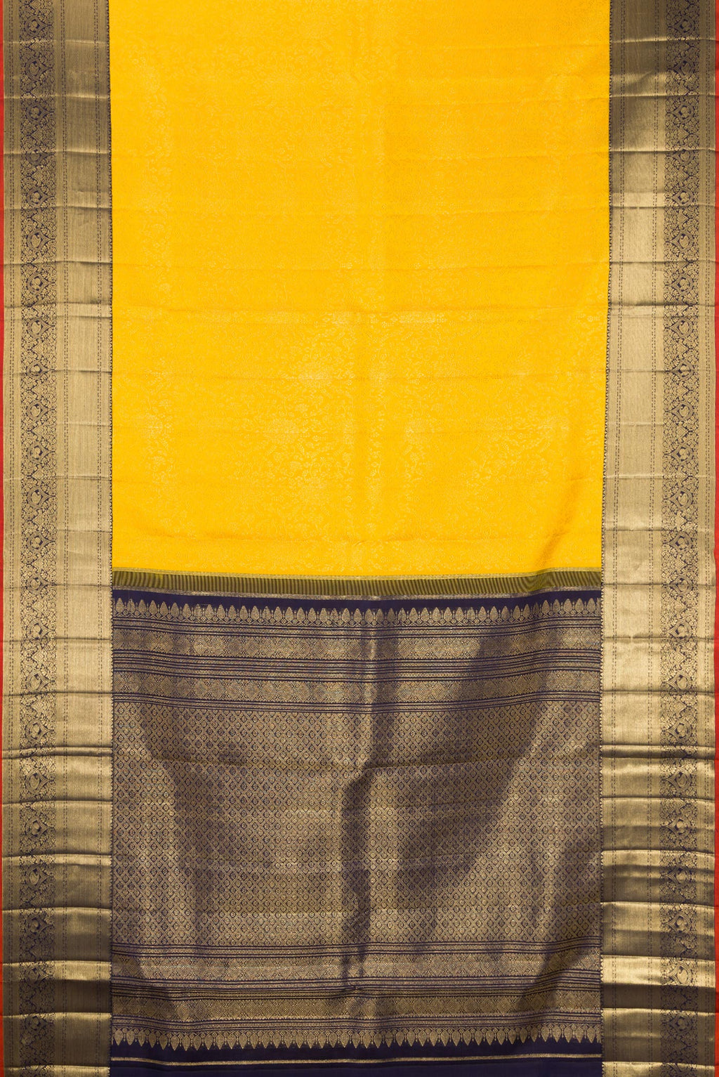 Flat view of Pure Silk Yellow Kanchipuram Saree with Zari Brocade on the body and Zari Border. 