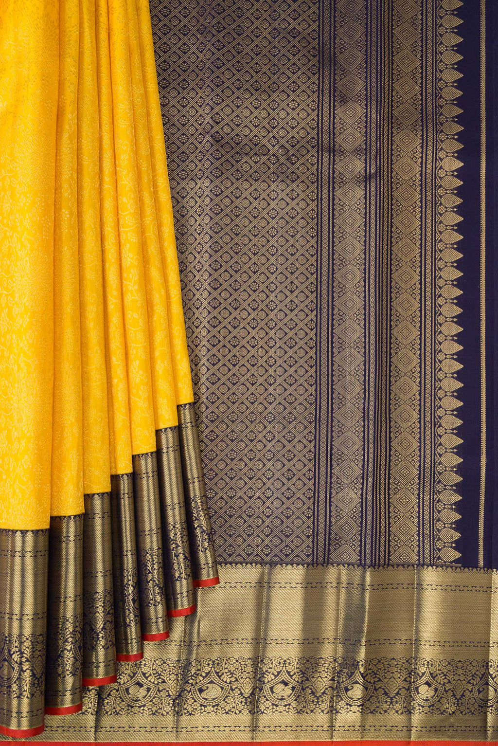 Pleats and pallu of Pure Silk Yellow Kanchipuram Saree with Zari Brocade on the body and Zari Border. 