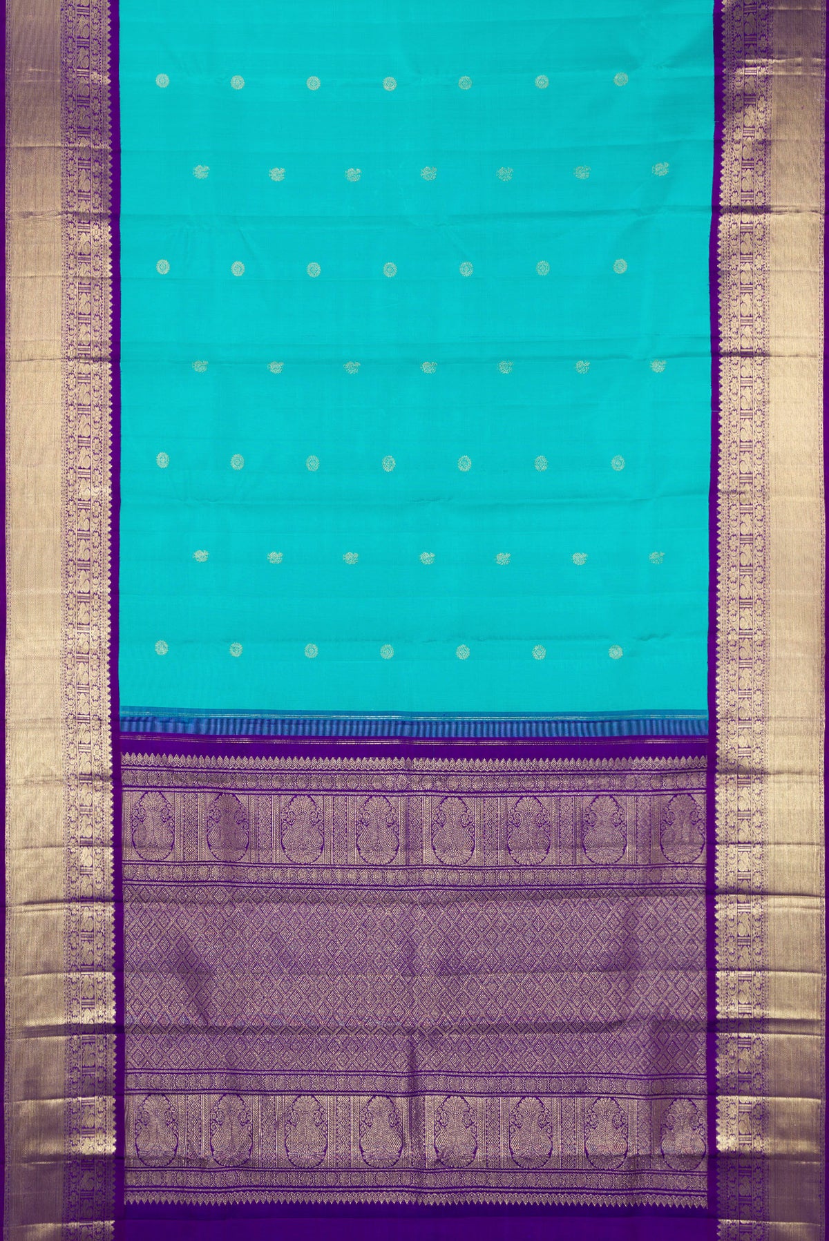 Flat view of Pure Silk Sky Blue Kanjivaram Saree with Zari Butta on the body and Zari Border. 