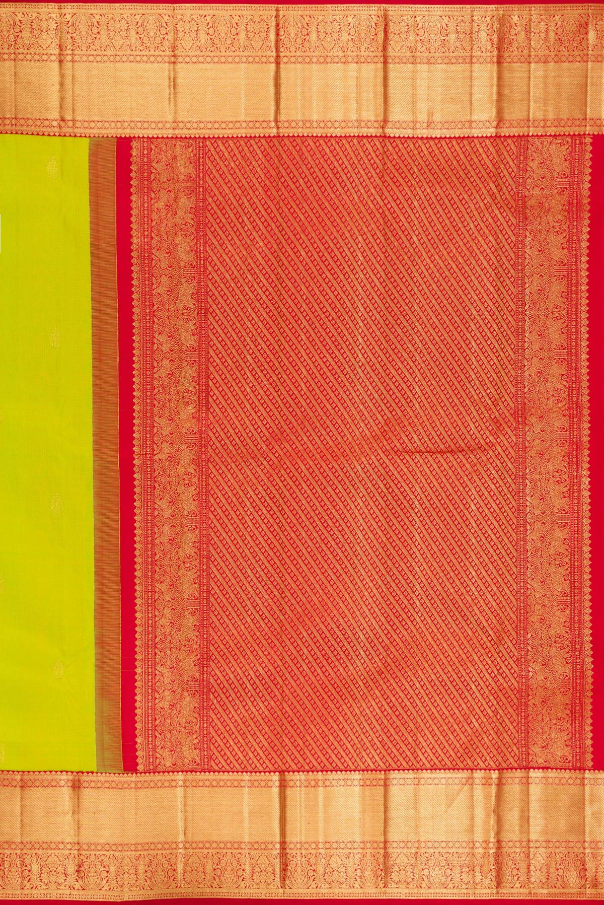 Close up image of the pallu of Pure Silk Parrot Green Kanjivaram Saree with Zari Butta on the body and Zari Border. 