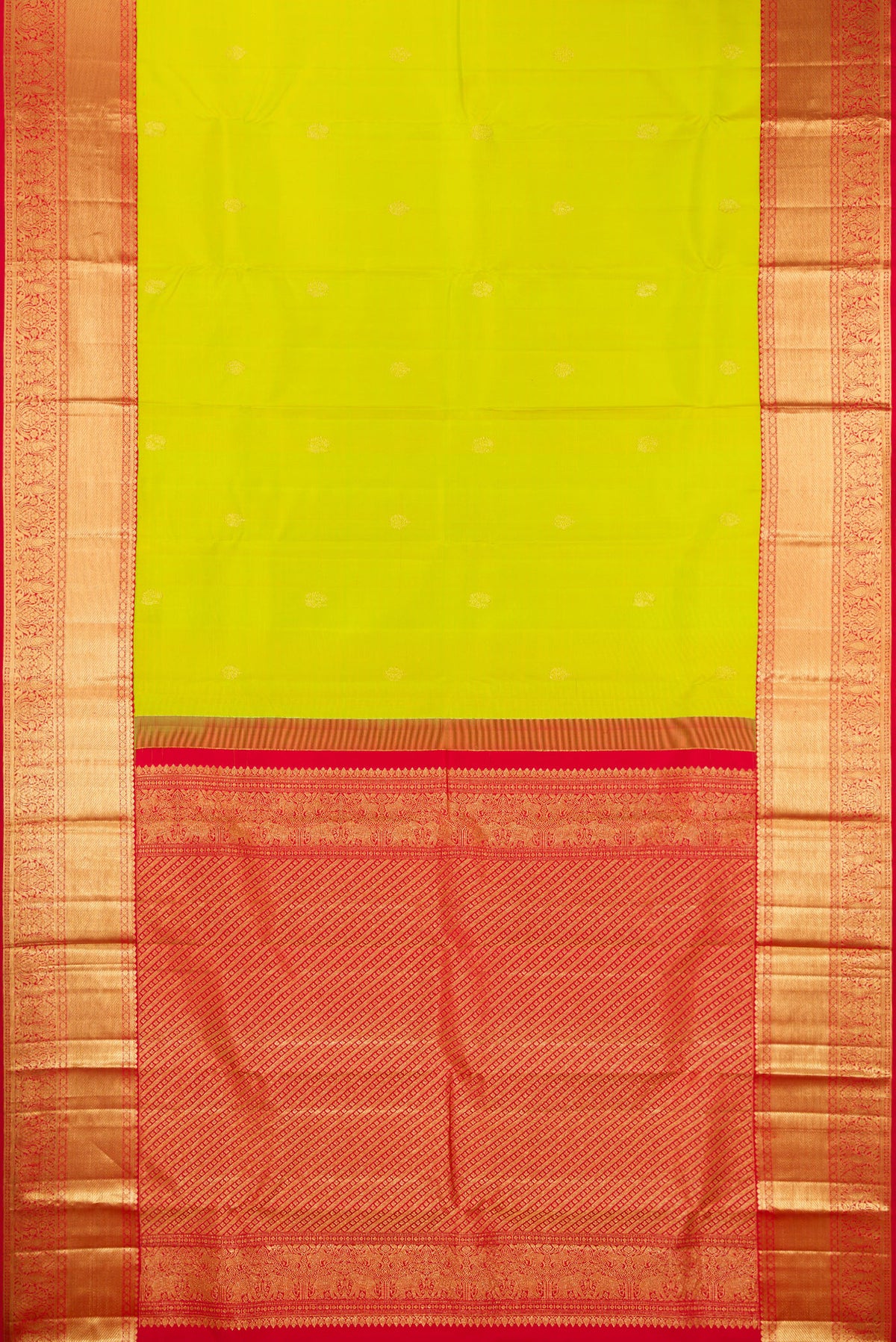 Flat view of Pure Silk Parrot Green Kanjivaram Saree with Zari Butta on the body and Zari Border. 