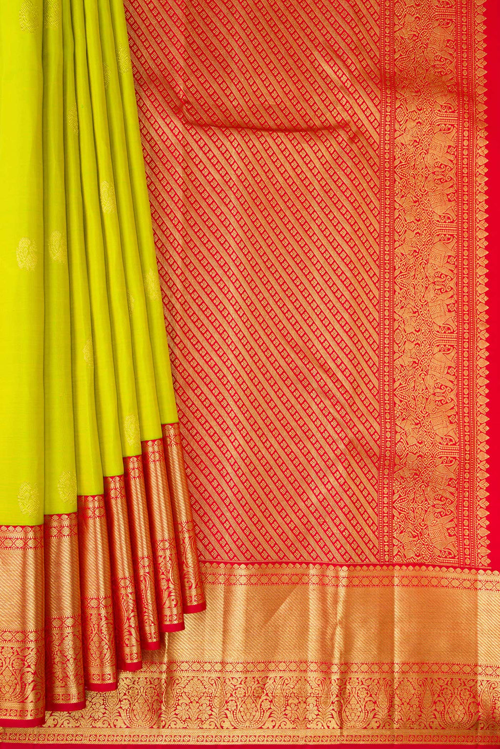 Pleats and pallu of Pure Silk Parrot Green Kanjivaram Saree with Zari Butta on the body and Zari Border. 