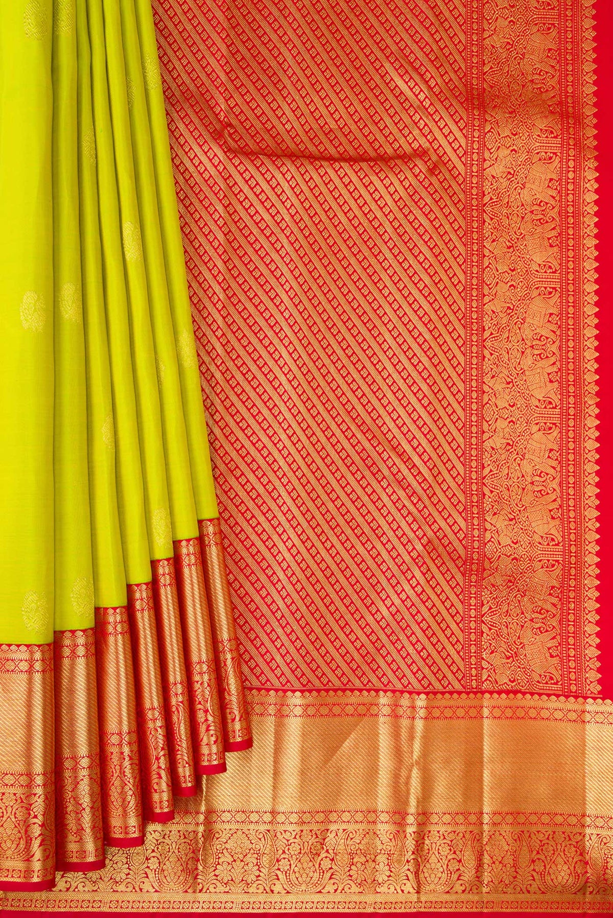 Pleats and pallu of Pure Silk Parrot Green Kanjivaram Saree with Zari Butta on the body and Zari Border. 