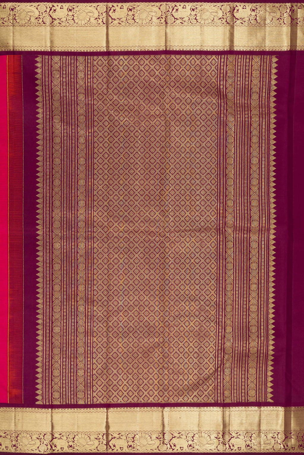 Close up image of the pallu of Pure Silk Pink Kanjivaram Saree with Zari Butta on the body and Zari Border. 
