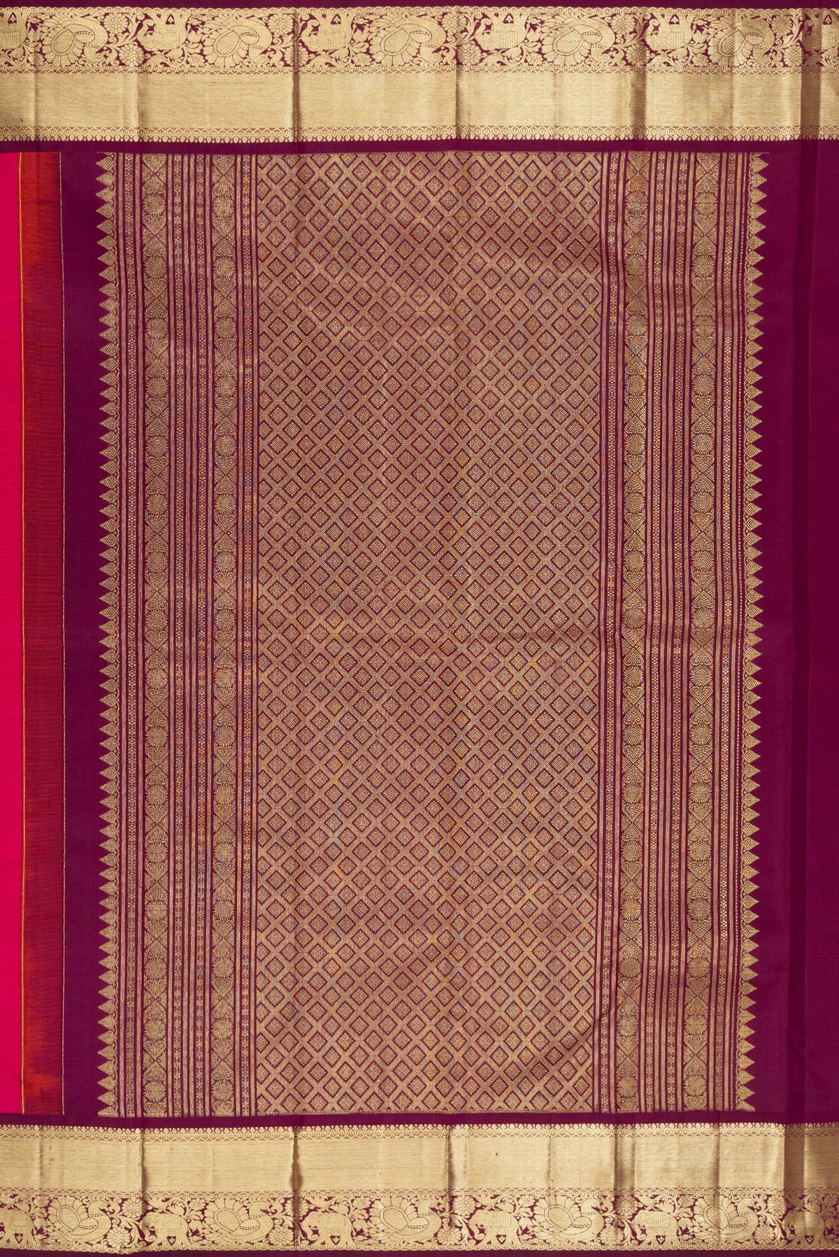 Close up image of the pallu of Pure Silk Pink Kanjivaram Saree with Zari Butta on the body and Zari Border. 