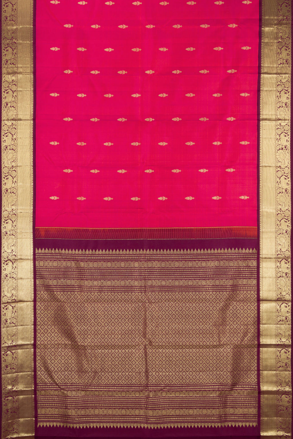 Flat view of Pure Silk Pink Kanjivaram Saree with Zari Butta on the body and Zari Border. 