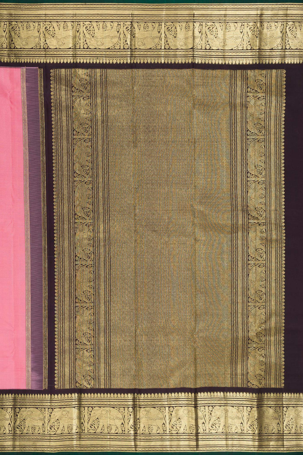 Close up image of the pallu of Pure Silk Pink Kanjivaram Saree with Zari Butta on the body and Fancy Border. 
