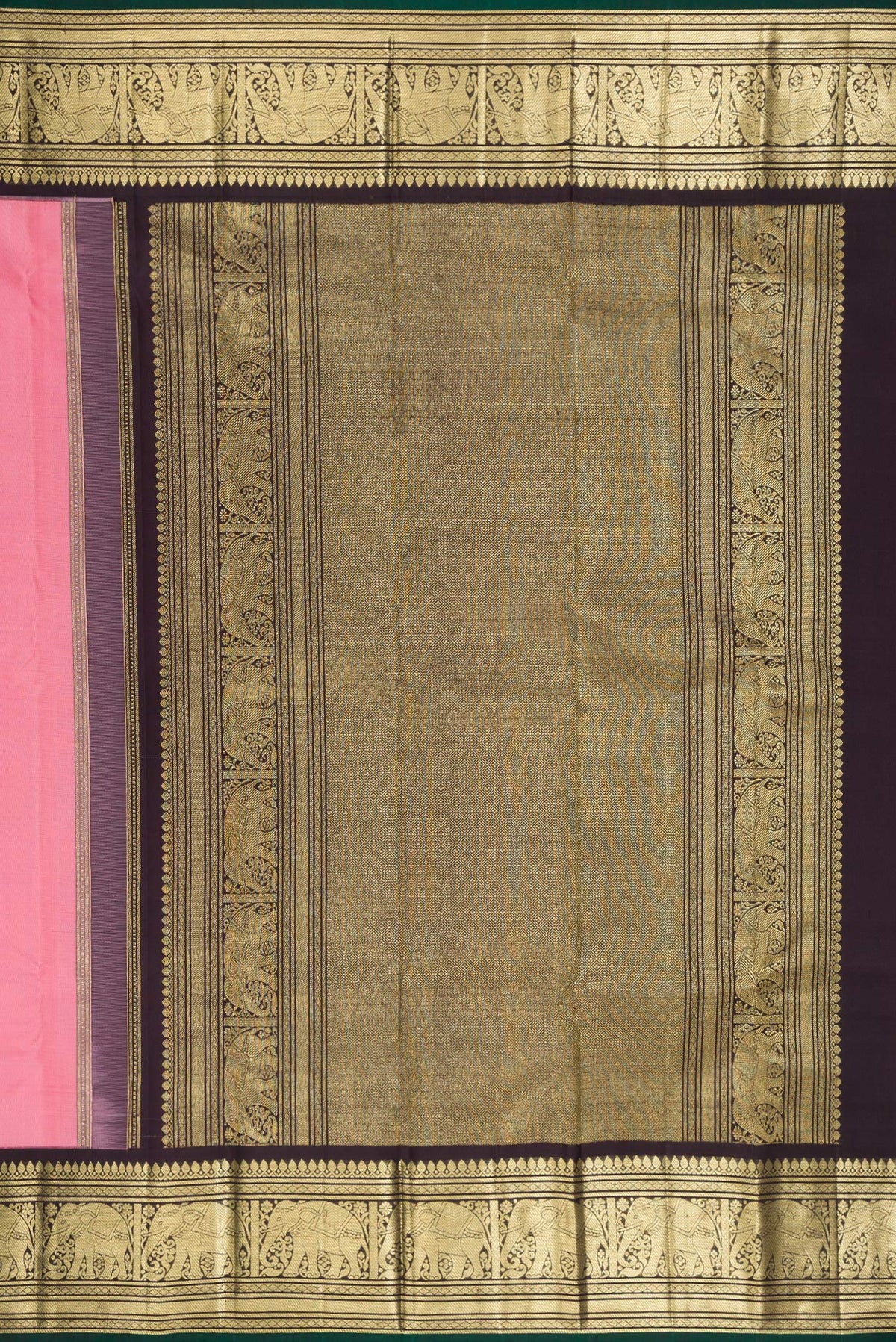 Close up image of the pallu of Pure Silk Pink Kanjivaram Saree with Zari Butta on the body and Fancy Border. 