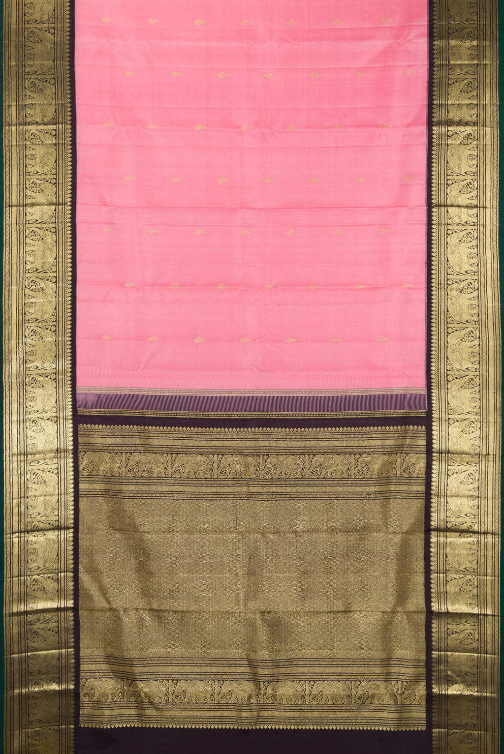 Flat view of Pure Silk Pink Kanjivaram Saree with Zari Butta on the body and Fancy Border. 