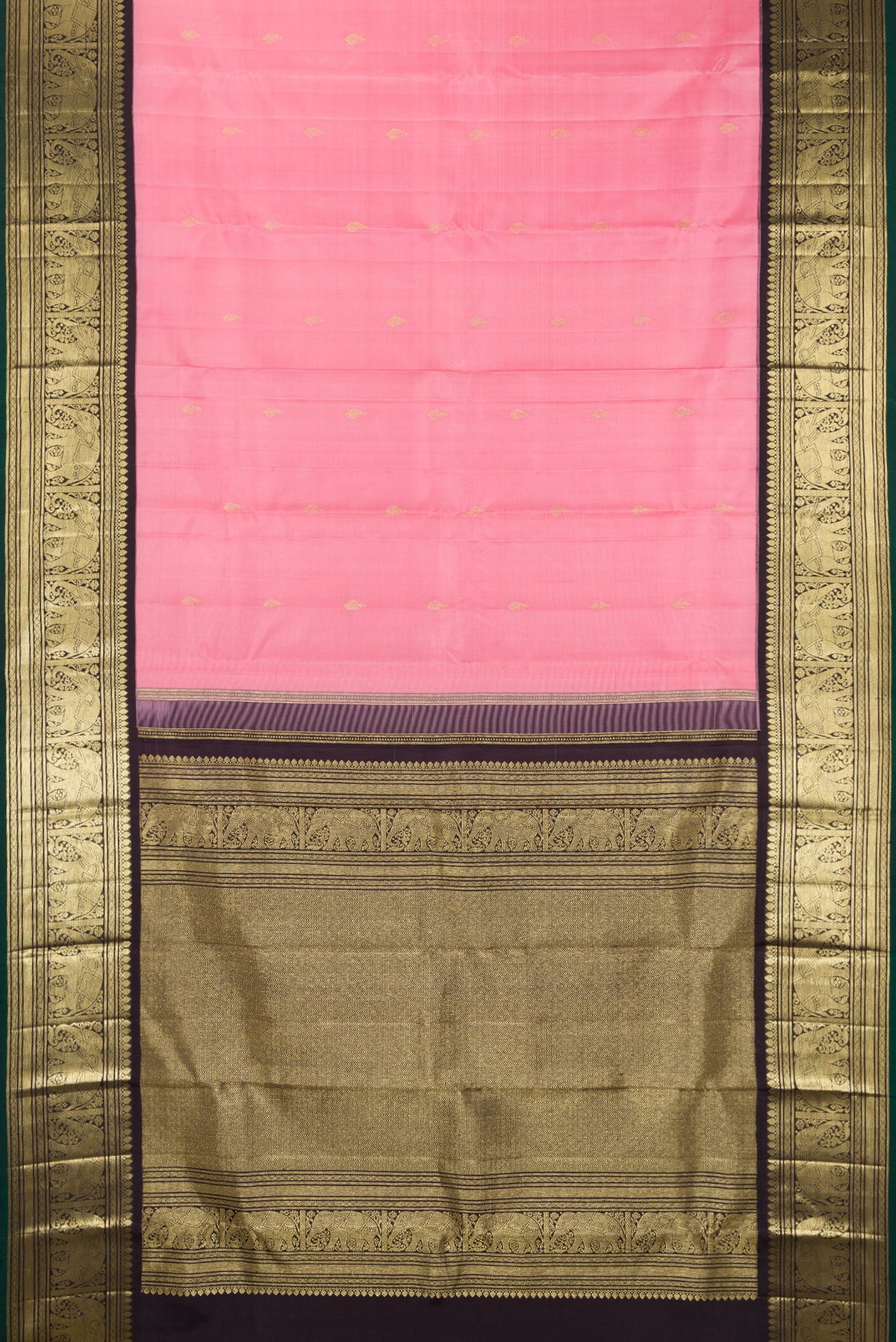 Flat view of Pure Silk Pink Kanjivaram Saree with Zari Butta on the body and Fancy Border. 