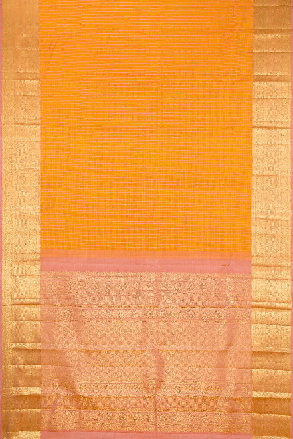 Flat view of Pure Silk Mustard Kanjivaram Saree with Checked design on the body and Zari Border. 