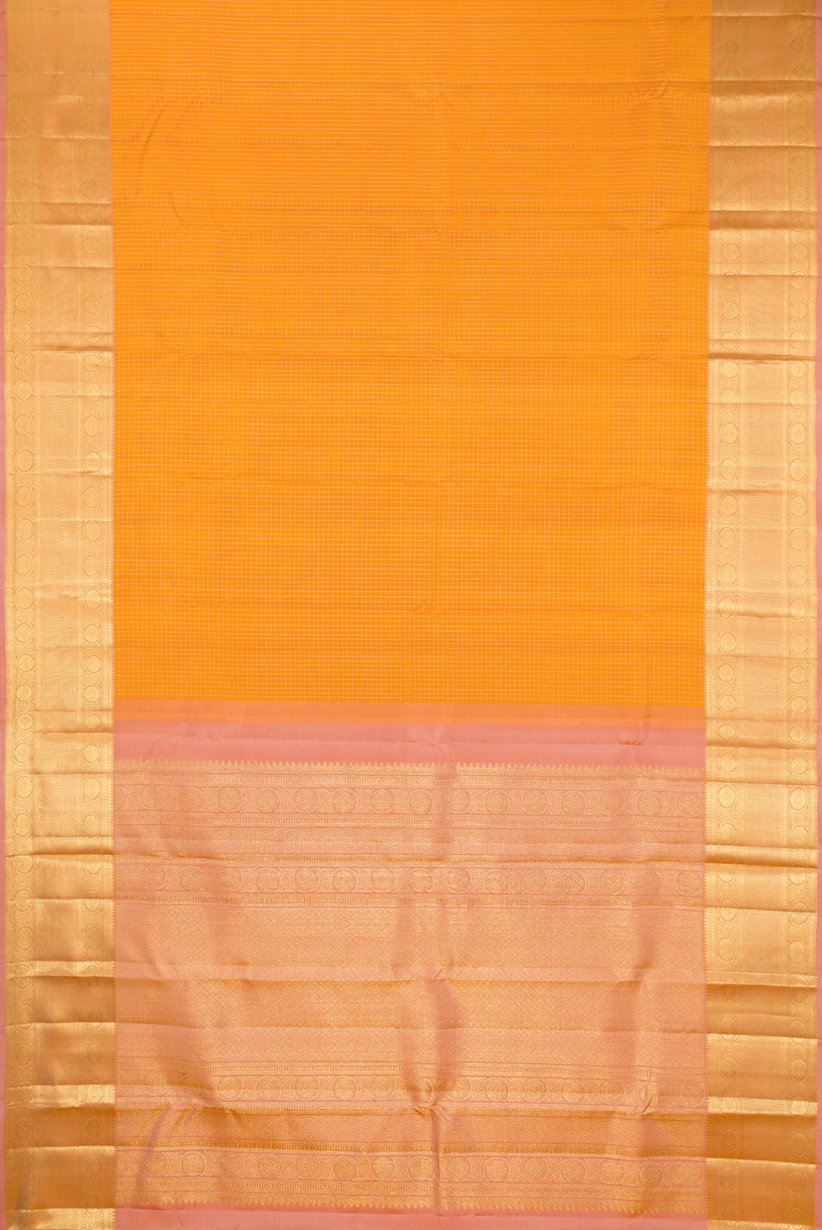 Flat view of Pure Silk Mustard Kanjivaram Saree with Checked design on the body and Zari Border. 