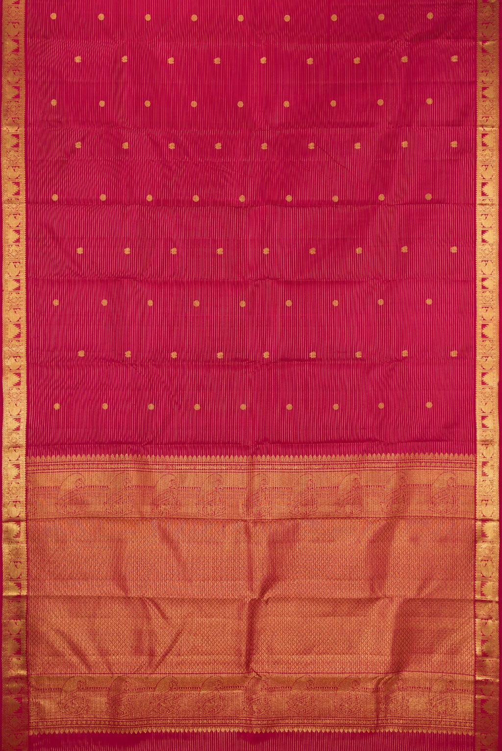 Flat view of Pure Silk Maroon Kanjivaram Saree with Stripes on the body and Zari Border. 