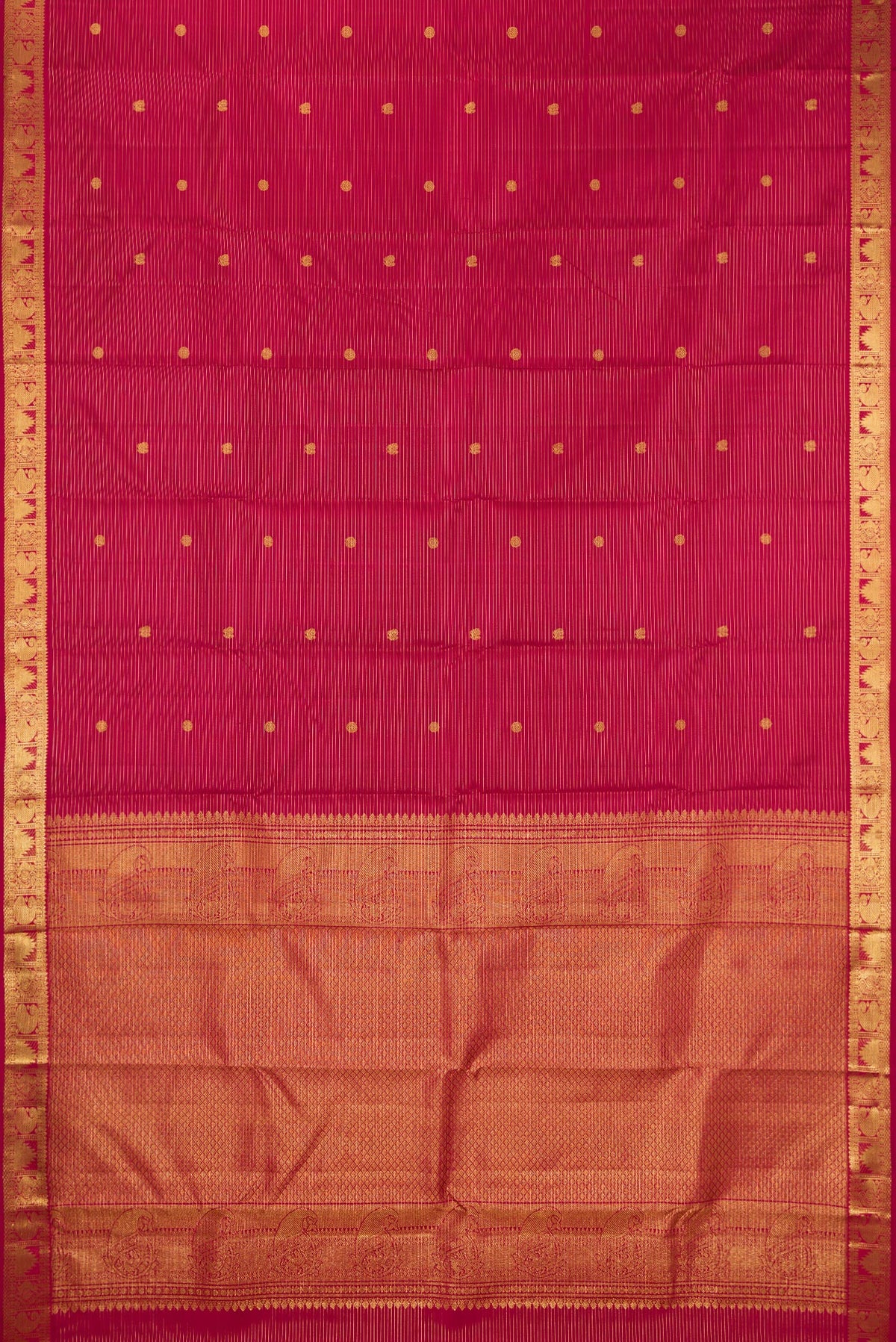Flat view of Pure Silk Maroon Kanjivaram Saree with Stripes on the body and Zari Border. 