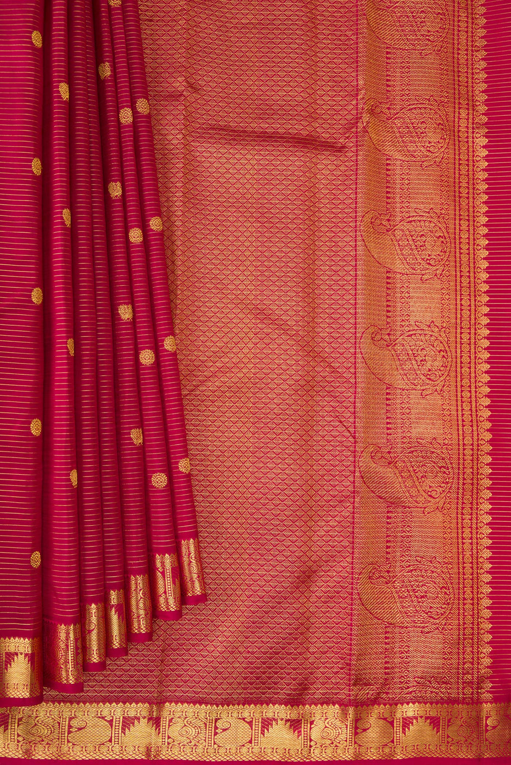 Pleats and pallu of Pure Silk Maroon Kanjivaram Saree with Stripes on the body and Zari Border. 