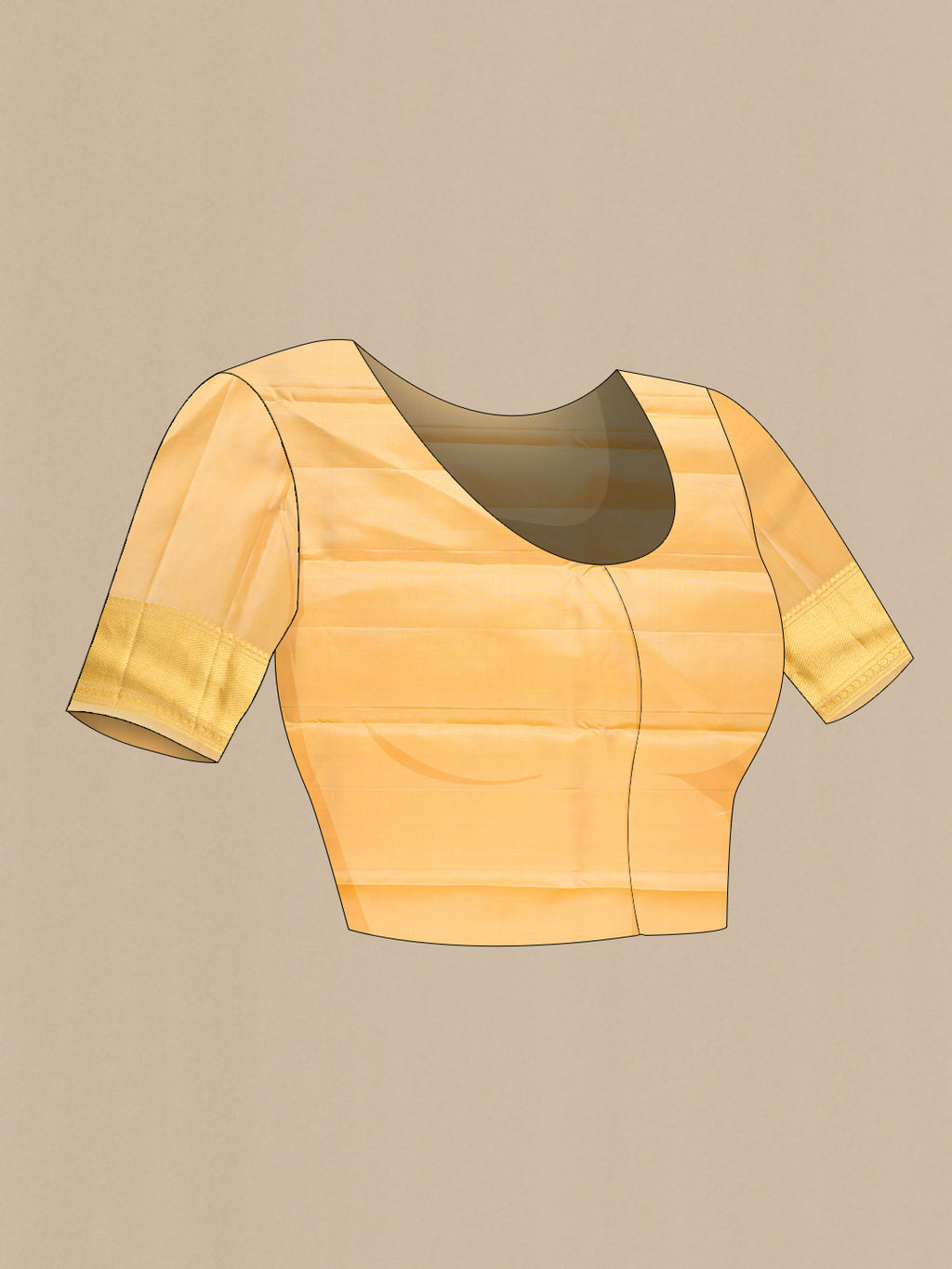 Close up image of the blouse of Pure Silk Sandal Kanchipuram Saree with Zari Butta on the body and Zari Border. 