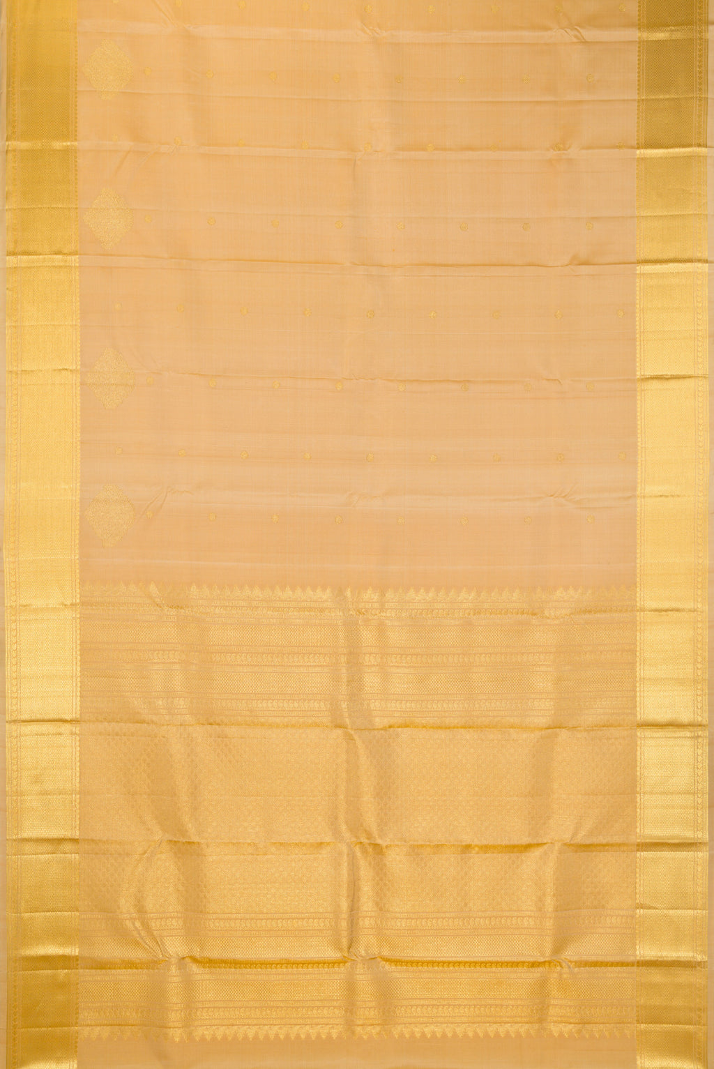Flat view of Pure Silk Sandal Kanchipuram Saree with Zari Butta on the body and Zari Border. 