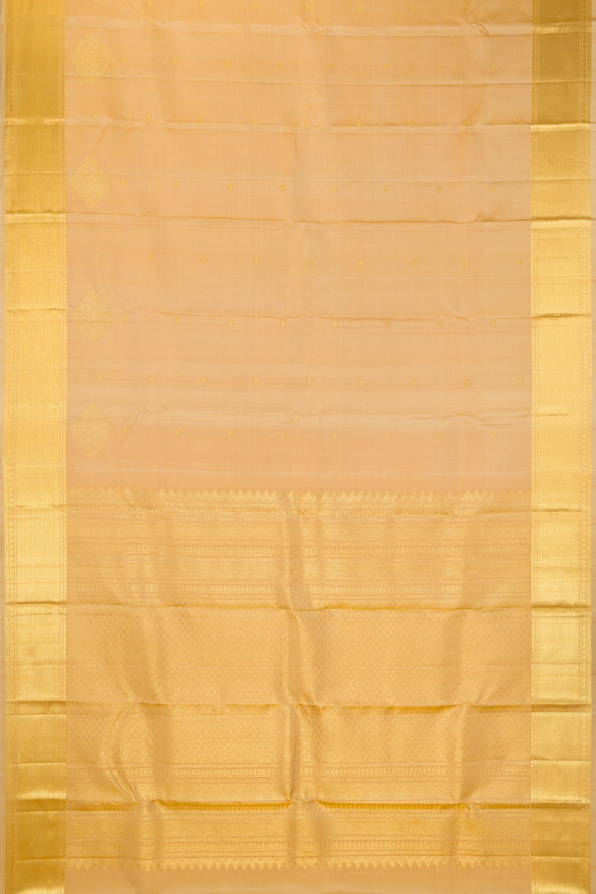Flat view of Pure Silk Sandal Kanchipuram Saree with Zari Butta on the body and Zari Border. 