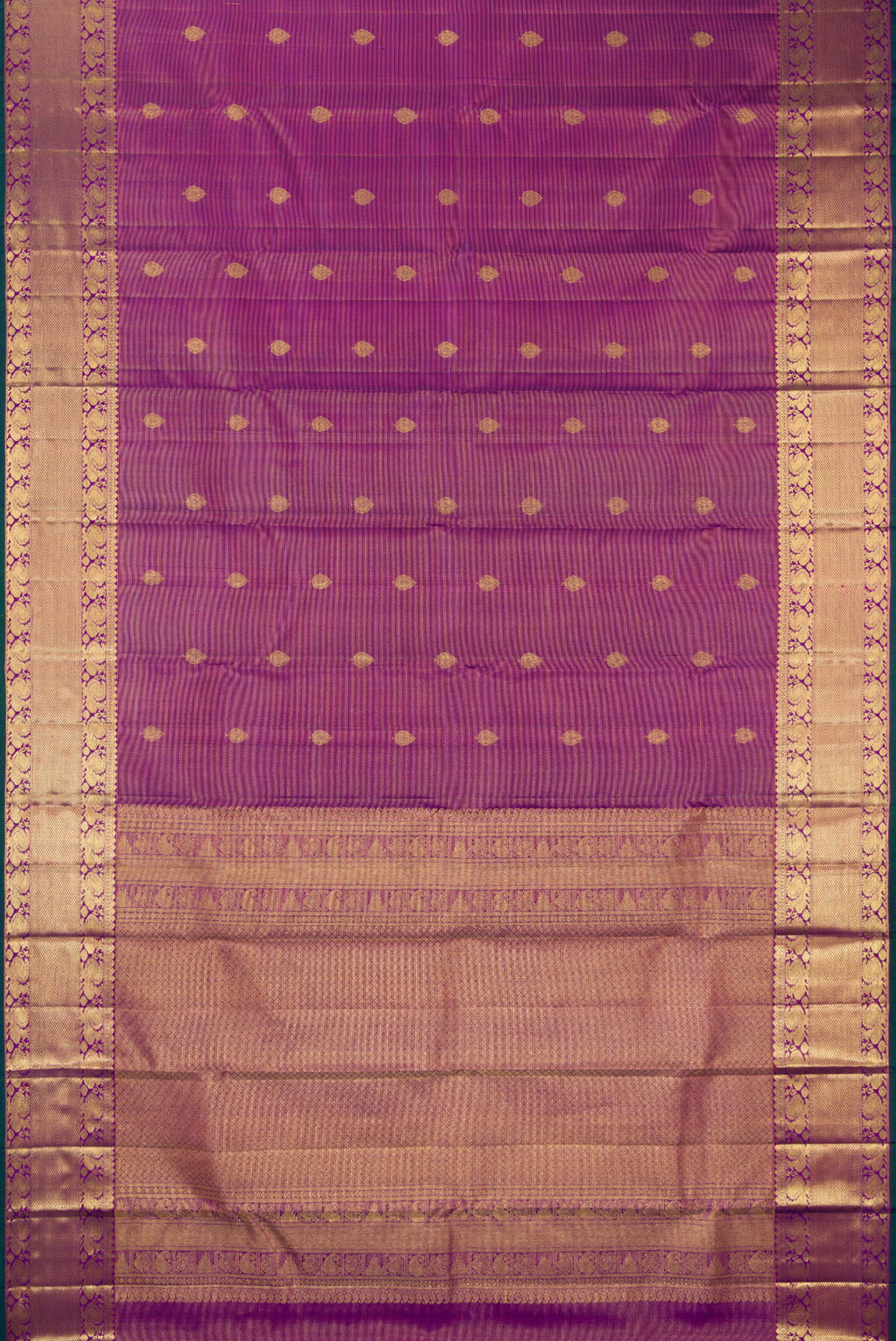 Flat view of Pure Silk Purple Dual Tone Kanjivaram Saree with Stripes on the body and Zari Border. 