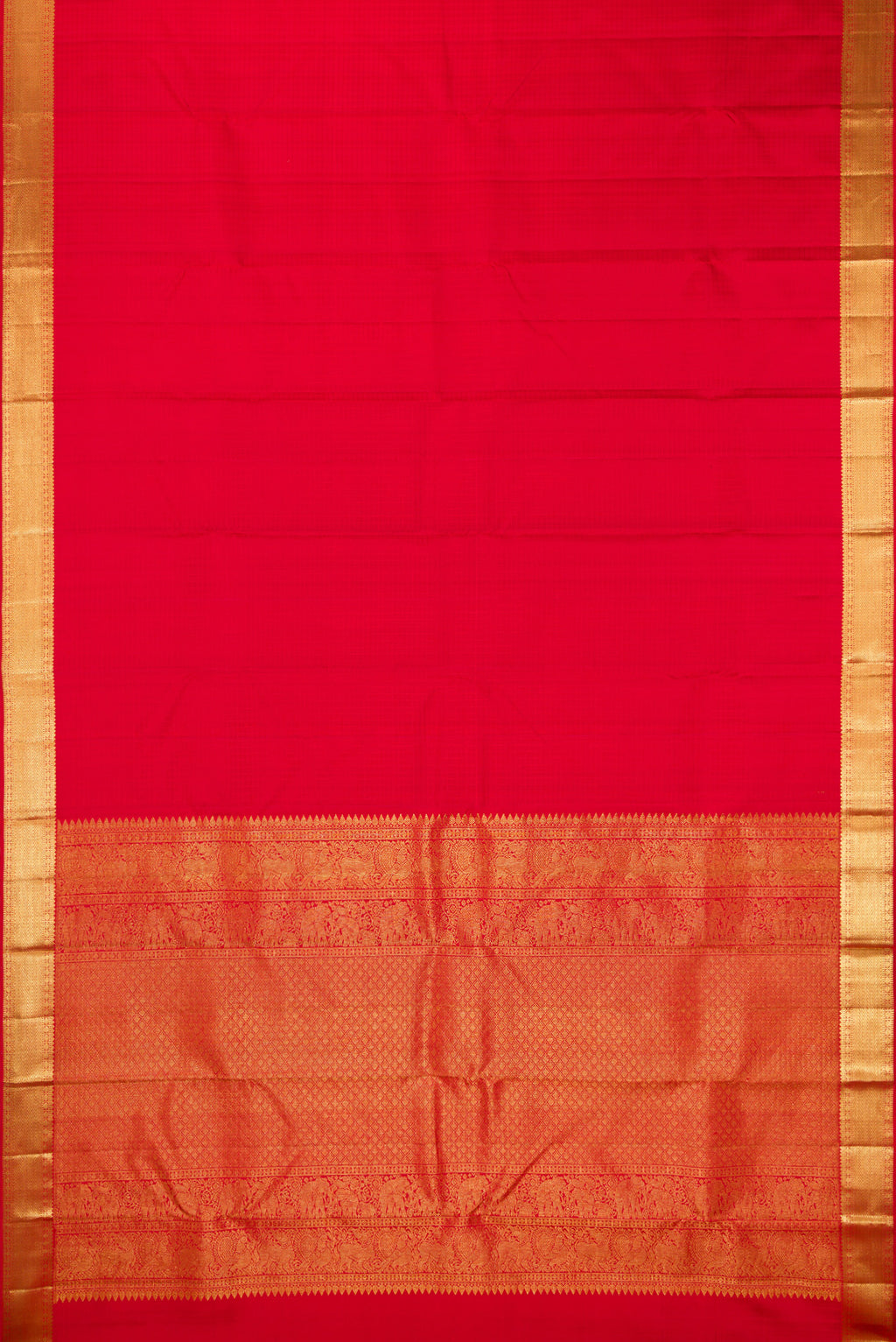 Flat view of Pure Silk Red Kanchipuram Saree with Checked design on the body and Zari Border. 