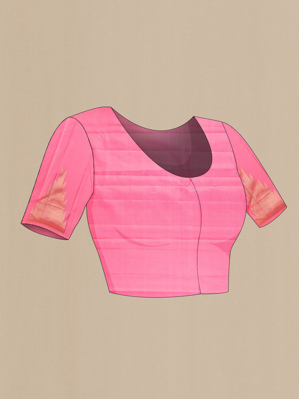 Close up image of the blouse of Pure Silk Pink Kanchipuram Saree with Plain Body and Temple Border. 