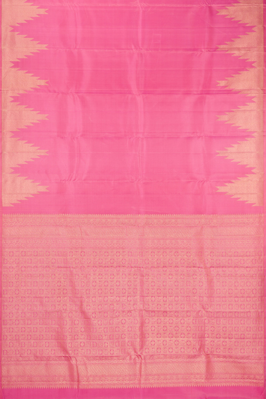 Flat view of Pure Silk Pink Kanchipuram Saree with Plain Body and Temple Border. 