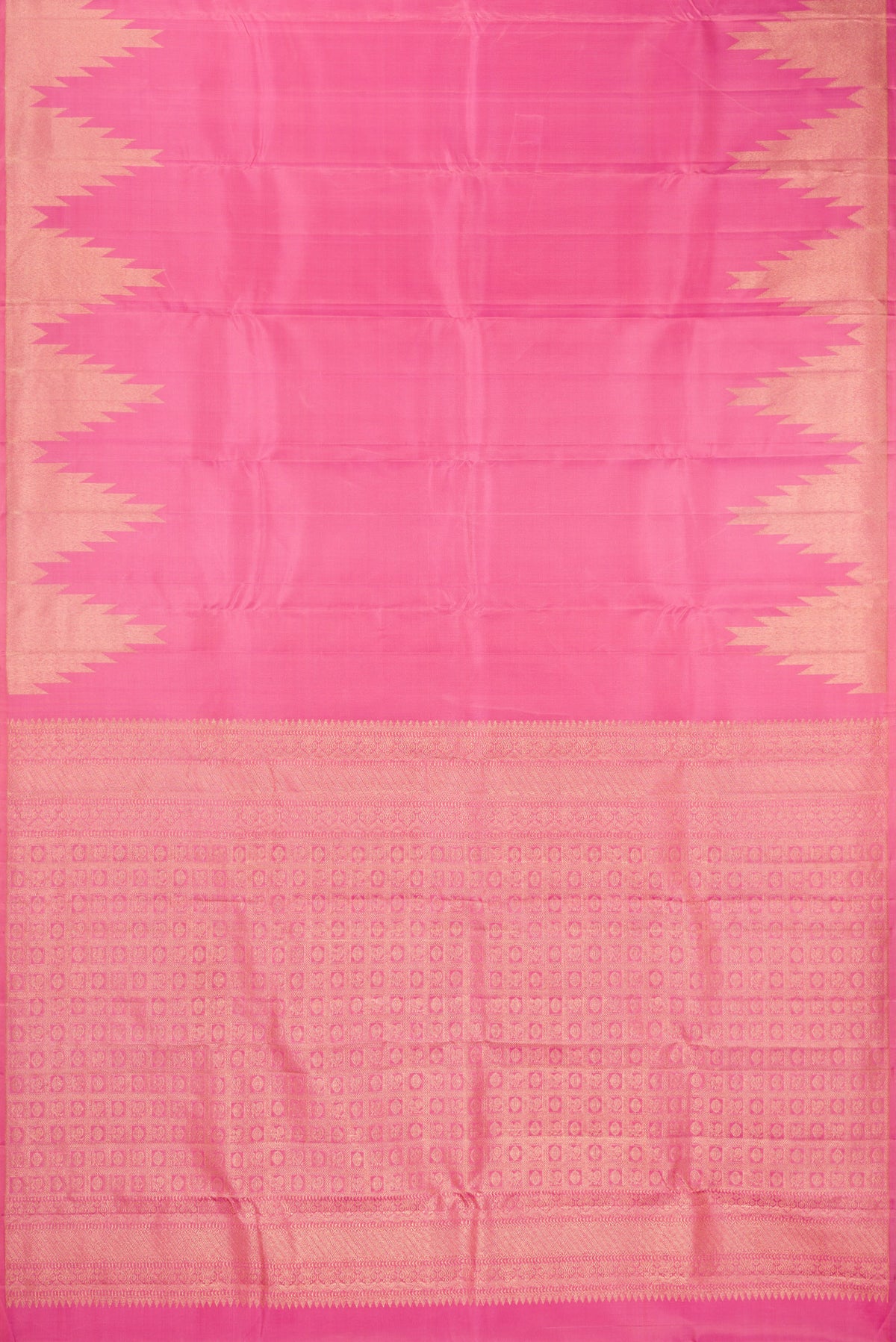 Flat view of Pure Silk Pink Kanchipuram Saree with Plain Body and Temple Border. 