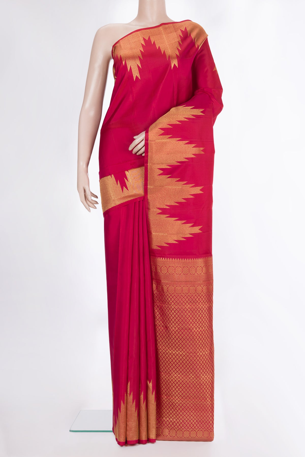 Pure Silk Dark Pink Dual Tone Kanchipuram Saree with Plain Body and Temple Border.  displayed on a mannequin
