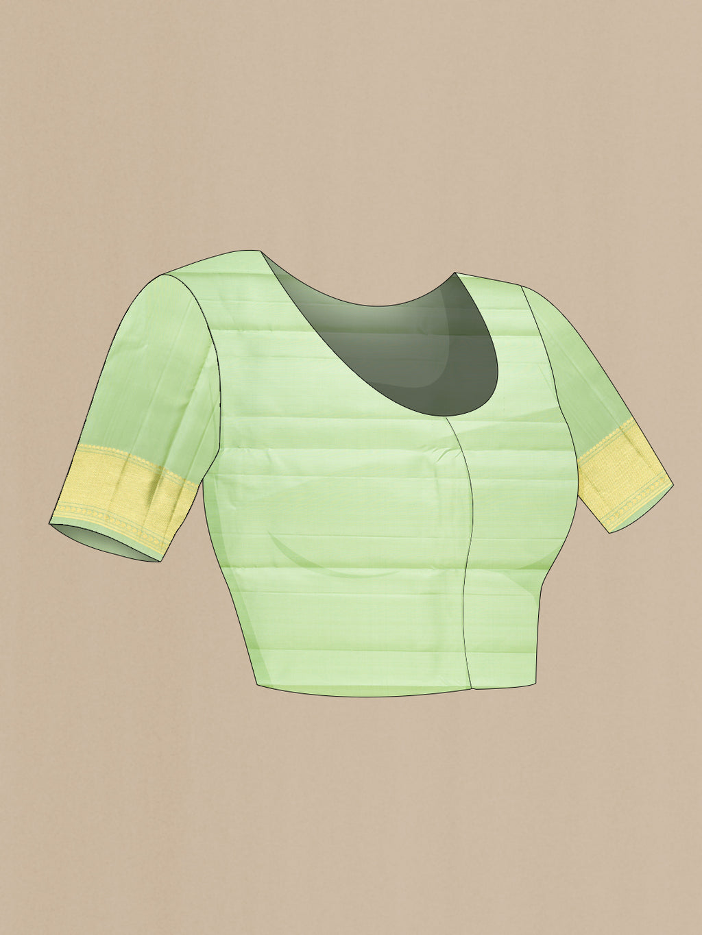Close up image of the blouse of Pure Silk Pista Green Kanchipuram Saree with Zari Butta on the body and Zari Border. 