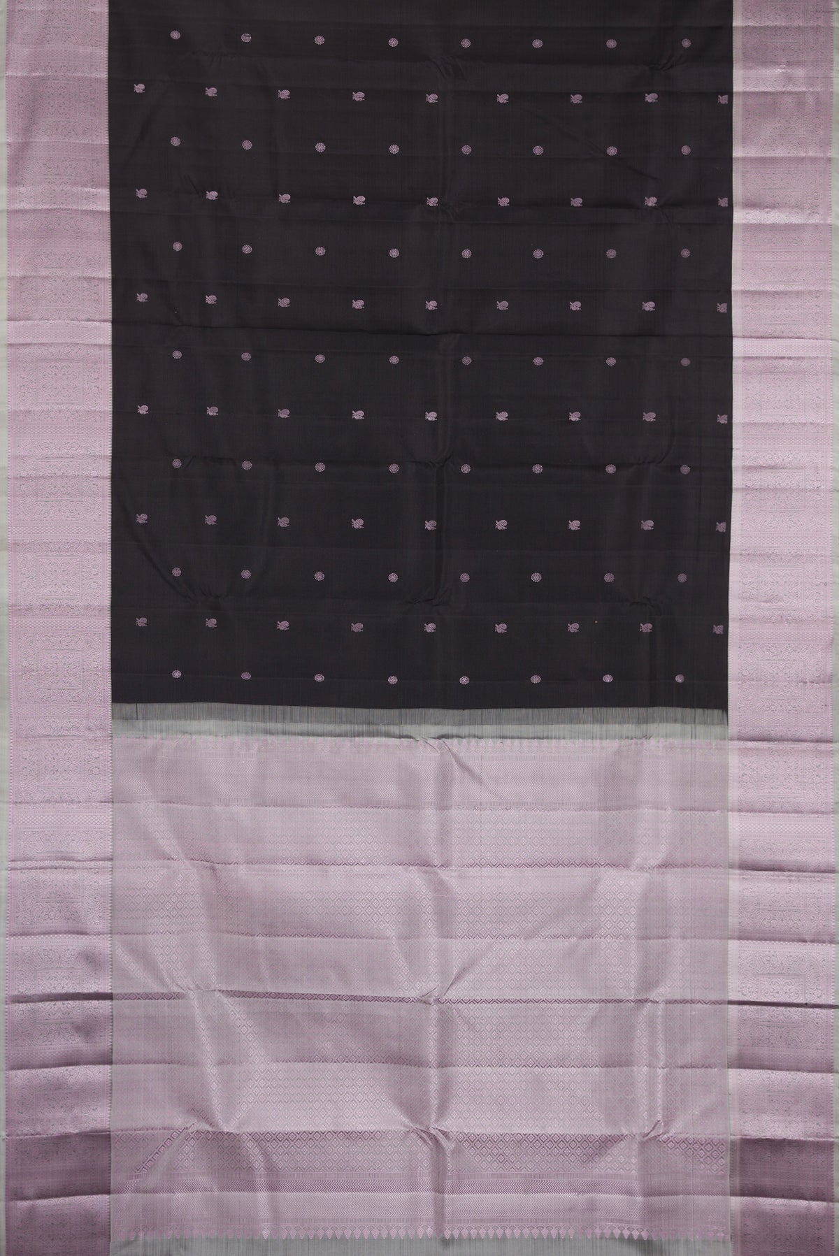 Flat view of Pure Silk Black Kanchipuram Saree with Thread Butta on the body and Thread Border. 